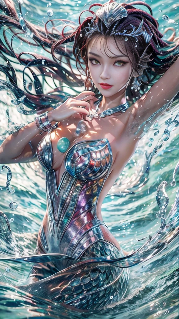 (RAW shooting, 32k:1.5, highest quality, masterpiece, Ultra-high resolution), (Under the sea at night:1.0, moonlight:0.7, Mystical Expressions:1.3, Expressions of sadness:1.0), Fractal Art:1.3, Perfect dynamic composition:1.3, 非常にdetailedな肌と顔の質感:1.3, (Dynamic flow of water waves:1.2, Slim Mermaid:1.1, Mermaid tail), Looking up at the audience, Fair skin:1.1, Incredibly slim body:1.15, Very beautiful face:1.1, Water droplets on the skin, detailed, (Rain drips down on my body:0.9, Wet body:0.9, Wet Hair:0.9), (Posing Pro:0.9, Professional dressing:0.9, Gorgeous silver shiny mermaid one piece portrait:1.2, Woven Belt), Shapely breasts, (Big eyes that exude beautiful eroticism:0.4, Lips that exude beautiful eroticism:0.4), Totally captivates you, Very sweet atmosphere, necklace, Earrings, bracelet