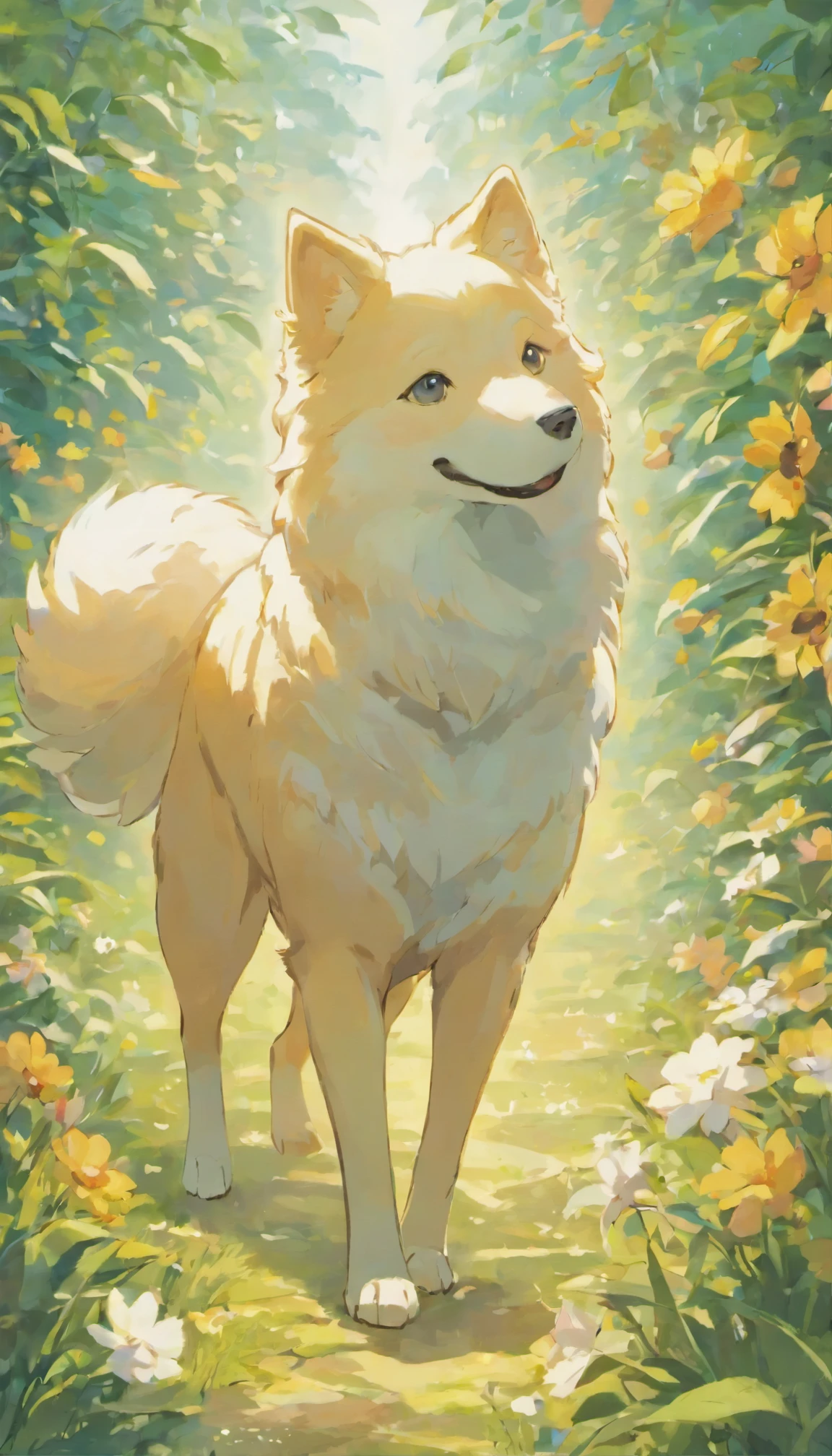 one dog, Samoyed dog, 美しいflower畑, play, flower, nature, enjoy, stroll