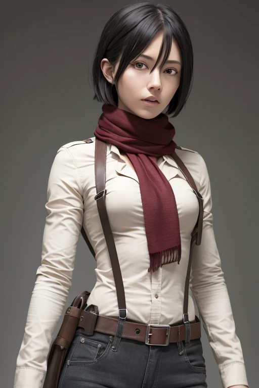 AOT Style, shingeki no kyojin, Mikasa Ackerman, One girl, Arm strap, bangs, Black Hair, black pants, chest, Cowboy Shot, embers, Green Eyes, Gray background, Hair between the eyes, Harness, Long sleeve, View Viewer, medium chest, pants, red scarf, scarf, shirt, short hair, cigarette, alone, Thigh straps, Brown jacket, white shirt, Research team \(Symbolism\) , ((masterpiece)), highest quality ,