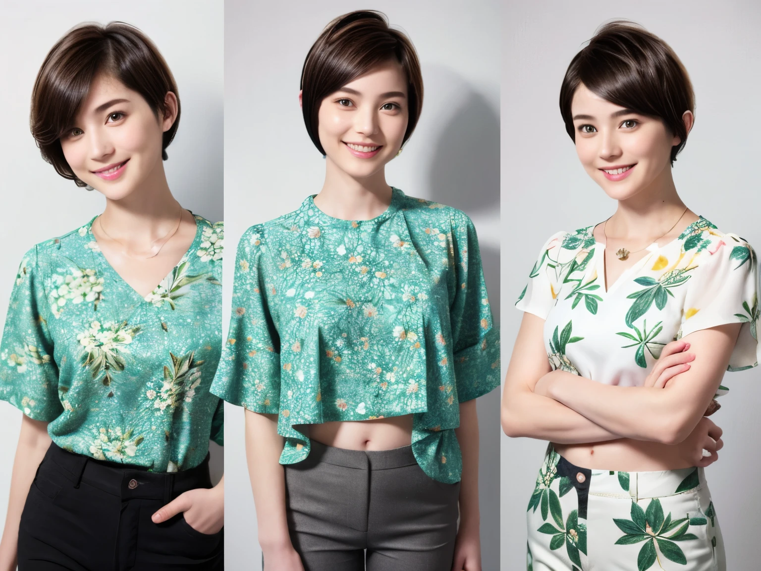 230 (18-year-old female,Floral clothes),  ((short hair:1.46)),  (Pants Style), (A kind smile)