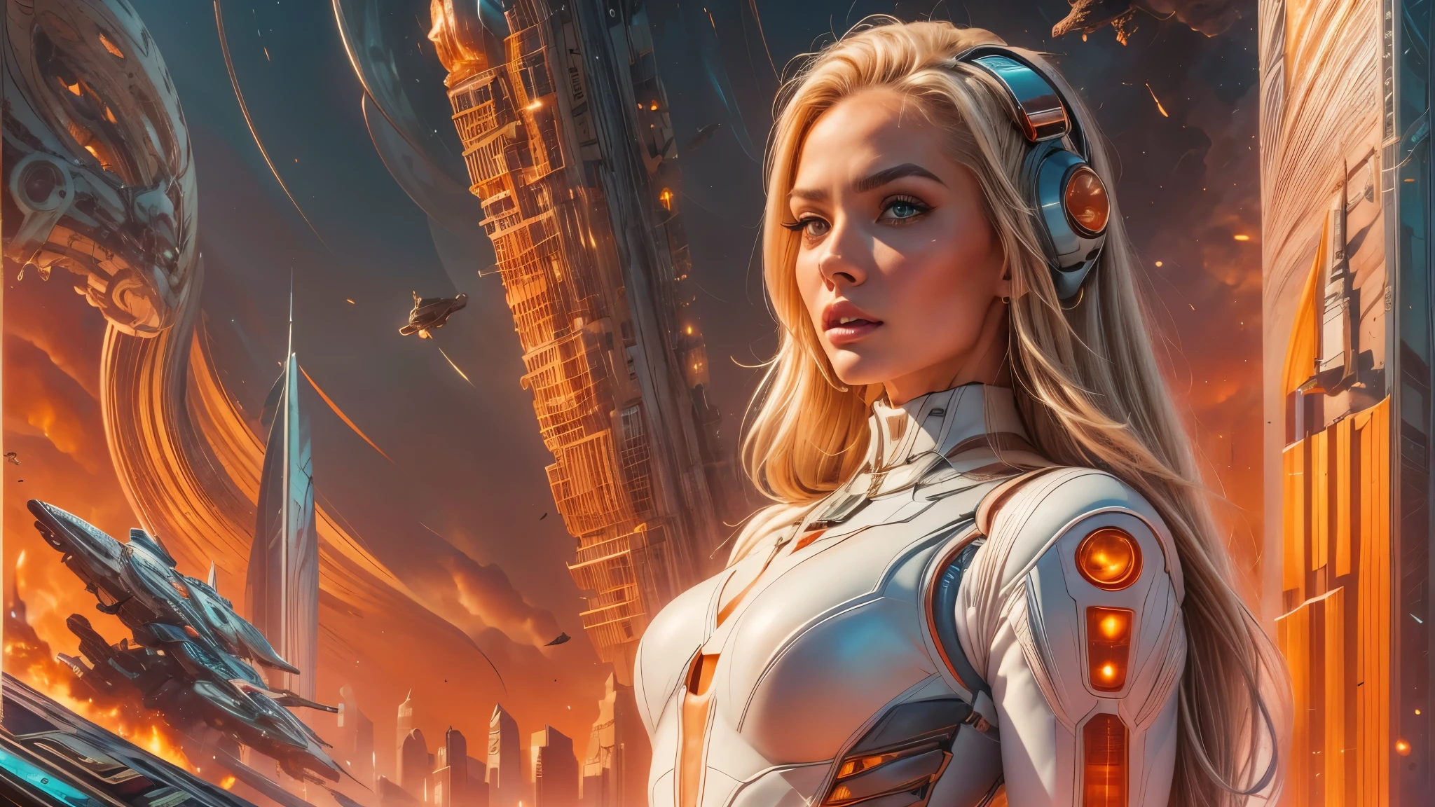 arafed image of a white woman in a futuristic suit with a spaceship in the background, movie art, in front of an orange background, inspired by Robert McGinnis, female protagonist, megastructure in the background, portrait of an ai astronaut, astronauts, an astronaut, portrait of a astronaut skeletor, perfect android girl, detailed eyes, perfectly detailed teeth, frank franzzeta and sakimichan