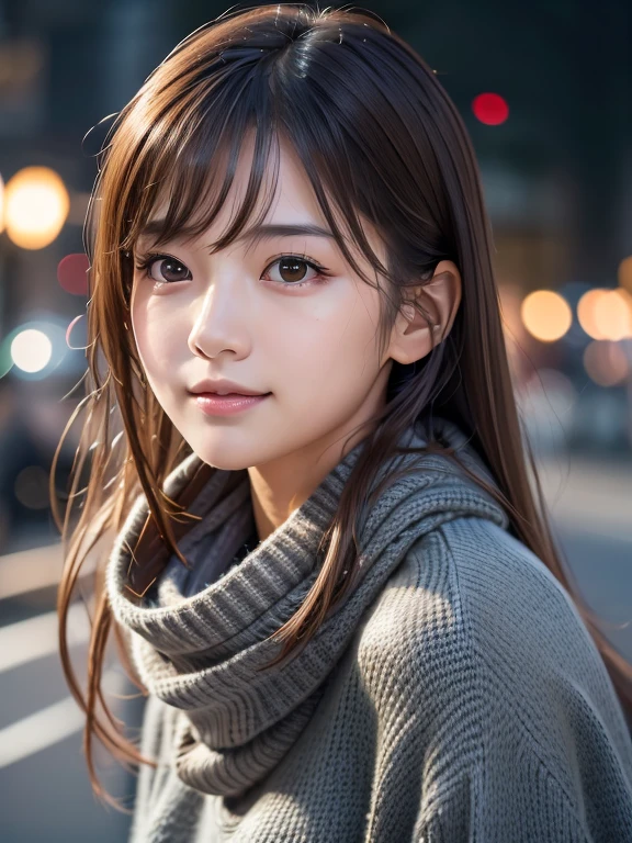 1 Japanese girl,(Dark Gray Sweater:1.4),(He has a big scarf around his neck:1.2), (RAW Photos, highest quality), (Realistic, Photorealistic:1.4), Tabletop, Very delicate and beautiful, Very detailed, 8k wallpaper, wonderful, In detail, Very detailedなCG Unity, High resolution, Soft Light, Beautifully detailed 19 year old girl, Very detailedな目と顔, Beautifully detailed nose, Beautiful fine details,Cinema Lighting,City lights at night,Perfect Anatomy,Slender body,smile  (My hair is messy, Asymmetrical bangs, Light brown hair,)The back is wide open