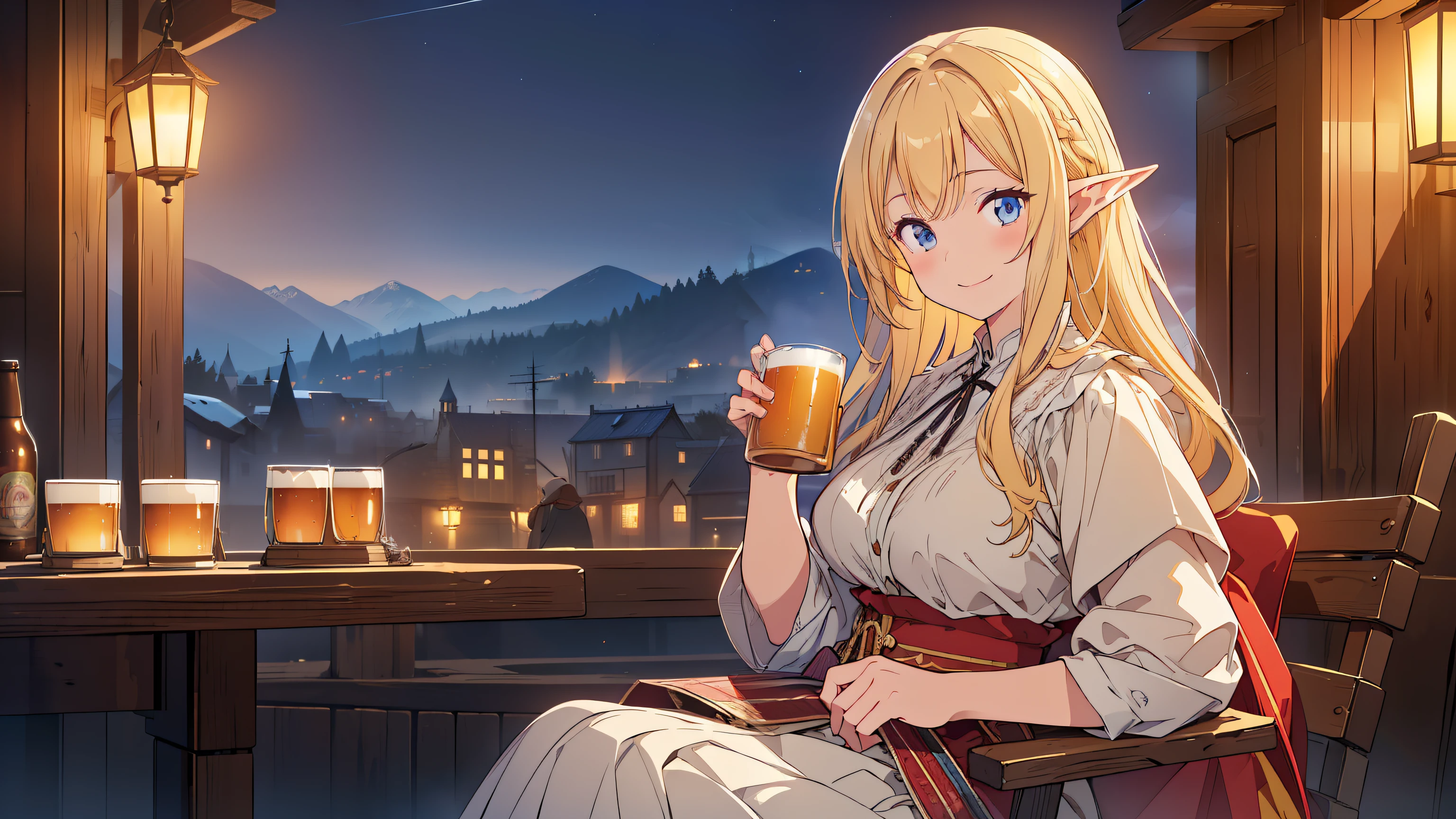 ((Top quality, 4k, 8k, high resolution, masterpiece: 1.2))), (super detailed), (realistic), (photorealistic), (photorealistic: 1.37), (HDR, UHD), (studio (lighting), ultra-fine drawing, sharp focus, physically based rendering, highly detailed, professional, vibrant colors, fantasy, medieval europe, tavern, old tavern in the countryside, seating, (((night))), (((dim))), medieval clothing, citizen's rags, long skirt, smile, girl clerk made of wood carrying beer mugs in both hands, long hair, blonde, elf, pointed ears,