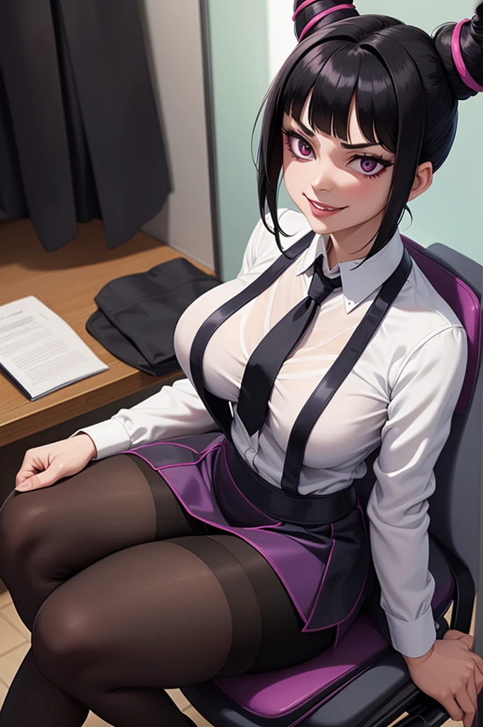juri han,evil smile, work of art, tight white secretary shirt with black tie, black high waist skirt, short skirt, black hair, black tights, evil smile, office, bangs in the eyes, lighting, hair horn, vision of up, looking up, evil smile, sitting on an office chair, legs