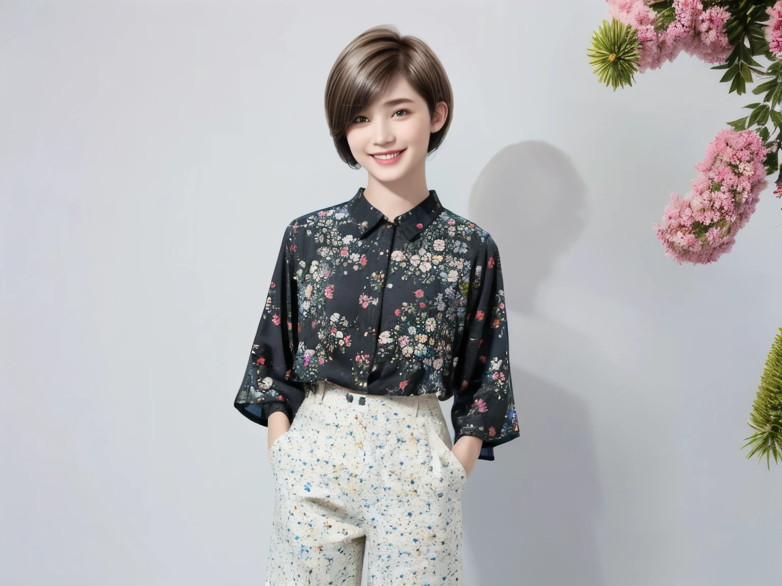 230 (18-year-old female,Floral clothes), ((short hair:1.46)), (Pants Style), (A kind smile)