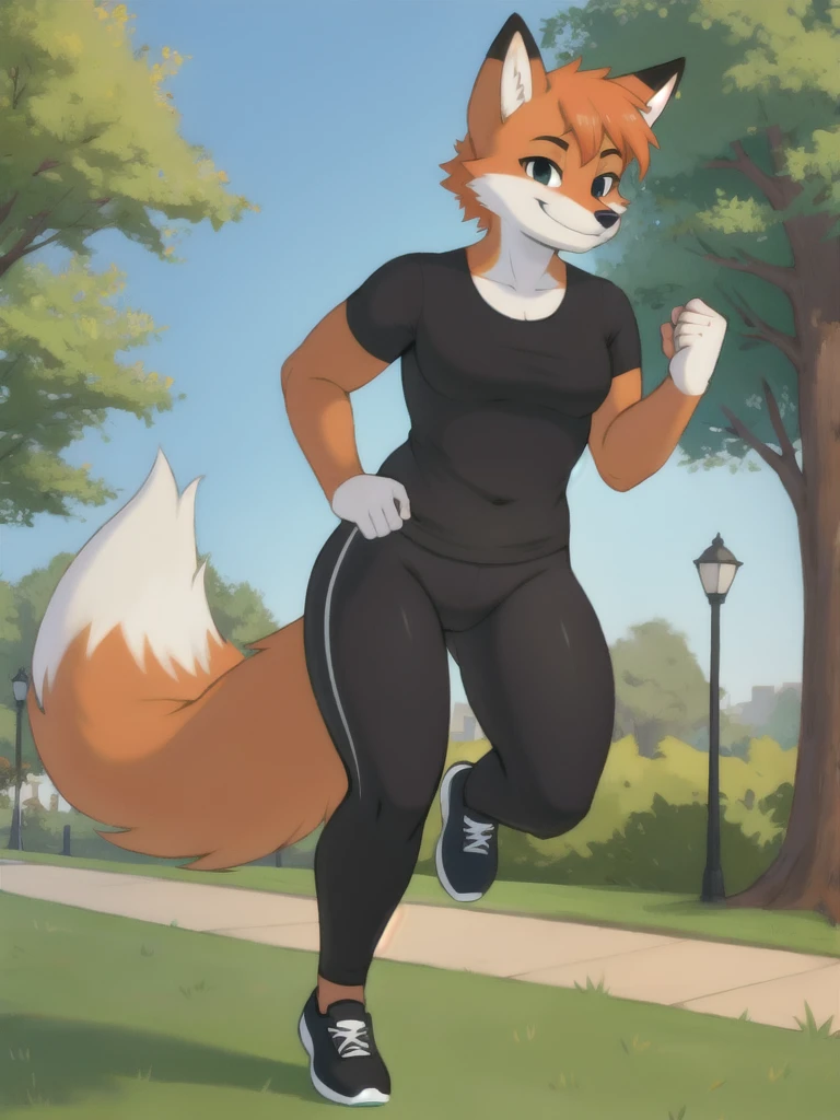 Furry, fox, smile, black leggings, white shirt, jogging, solo, park