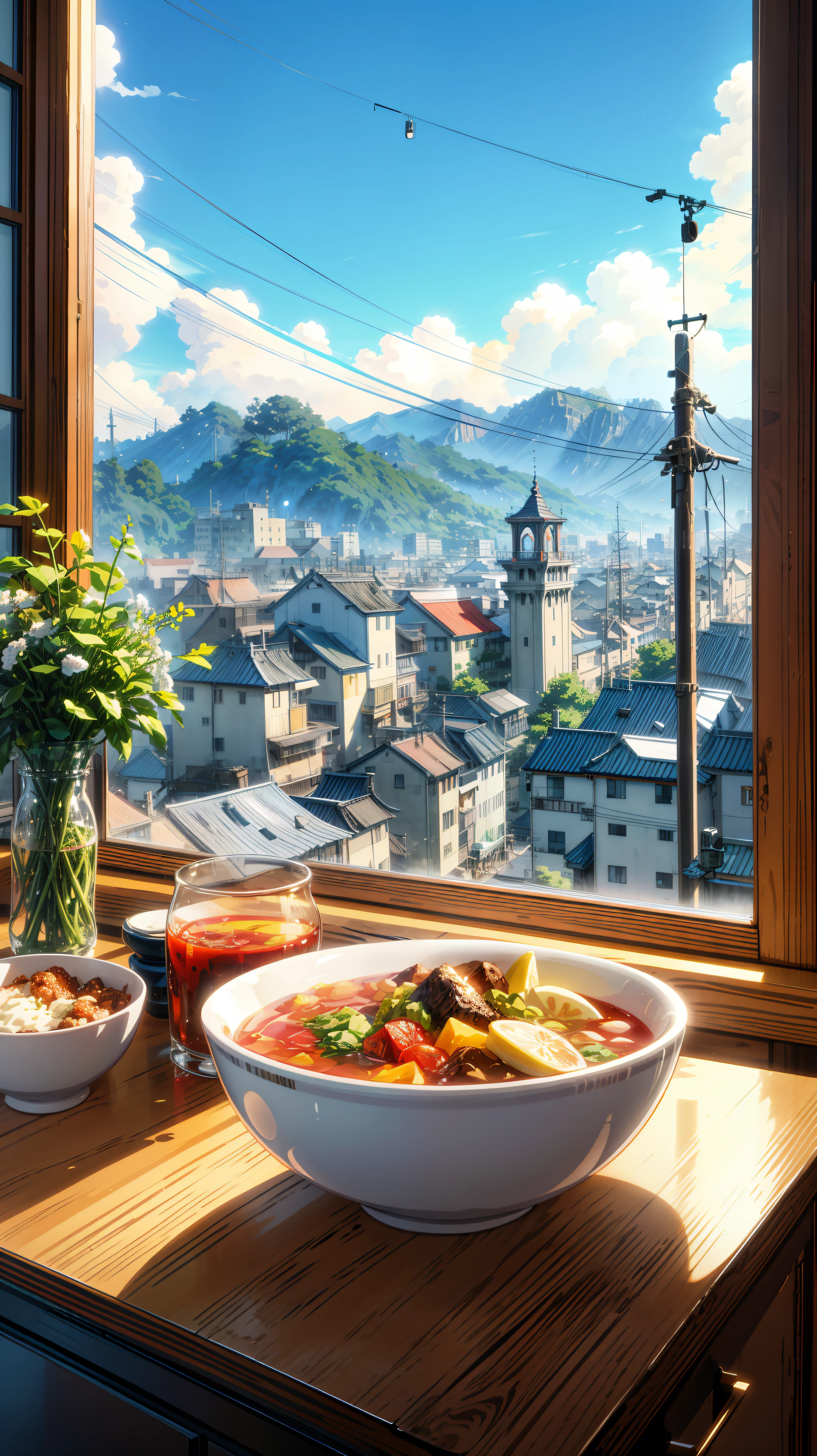 a painting of a bowl of food sitting on a counter in front of a window, hd anime cityscape, anime scenery, anime style cityscape, screenshot from a 2012s anime, cgsociety 9, anime scenery concept art, rio de janeiro in an anime film, still from anime, anime landscape, clean anime art, anime atmospheric, smooth anime cg art, anime background art, anime aesthetic, anime. by makoto shinkai, hd anime cityscape, anime scenery concept art, anime scenery, style of makoto shinkai, makoto shinkai art style, anime. by makoto shinkai, by Makoto Shinkai, by makoto shinkai, anime scenery, kyoto animation, 4k hd,, beautiful art uhd 4 k, a beautiful artwork illustration, beautiful digital painting, highly detailed digital painting, beautiful digital artwork, detailed painting 4 k, very detailed digital painting, rich picturesque colors, gorgeous digital painting, saturated, no human
