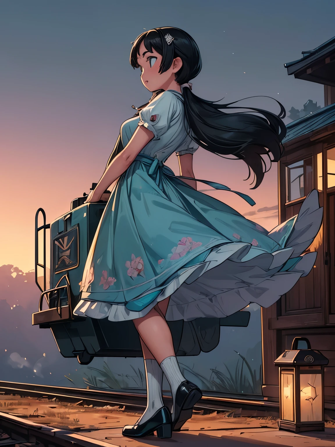 (masterpiece、最high quality、最high quality、Official Art、Beautiful and beautiful:1.2)、(One girl:1.3)Hatsune Miku、Twin tails,Big Breasts,Full body portrait, Beautiful 23 year old woman, Are standing (((Outdoor))) On a 19th century station platform, huge black steam locomotive, locomotive blowing out steam, Behind her is a 1910 railroad building., She has long brunette hair, Green Eyes, Innocent, Carp formula, ((Open your eyes)), (((wearing an art deco dress))), ((trap pump shoes)), Silk stockings, Award-winning, stunning photography,((最high quality)), (((masterpiece)), ((Realistic lighting, Ultra-high resolution.Realistic:.1.4, (high detailed skin:1.2), 8K Ultra HD, Digital SLR, high quality, Film Grain, Fujifilm XT3,(masterpiece) (最high quality) (detailed) (Cinema Lighting) (Sharp focus) (complicated)