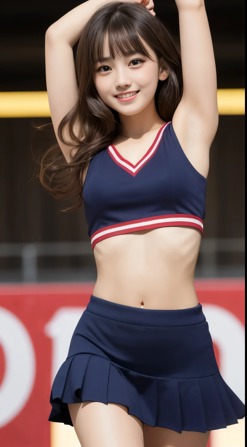 Tabletop, highest quality, One Girl, (Beautiful girl:1.2), (************:1.2), Very fine grain definition, (Symmetrical eyes:1.3)、Beautiful breasts、Small breasts、Brown eyes, Parted bangs, Brown Hair, smile、No makeup、Cheerleader:1.4、Colorful cheering costumes、I can see my belly button、Lifting a short skirt、Big pom-poms、Cheer with one leg raised high、(((High Kick:1.3)))、Low angle full shot、From below、1 Japanese Girl、Place your hands behind your head to expose your armpits、(8k、highest quality、masterpiece:1.3)、Golden ratio face、Best smilee looking at the camera、(Layered Cut、 outside:1.2)、Brown medium bob curly hair、Schoolyard