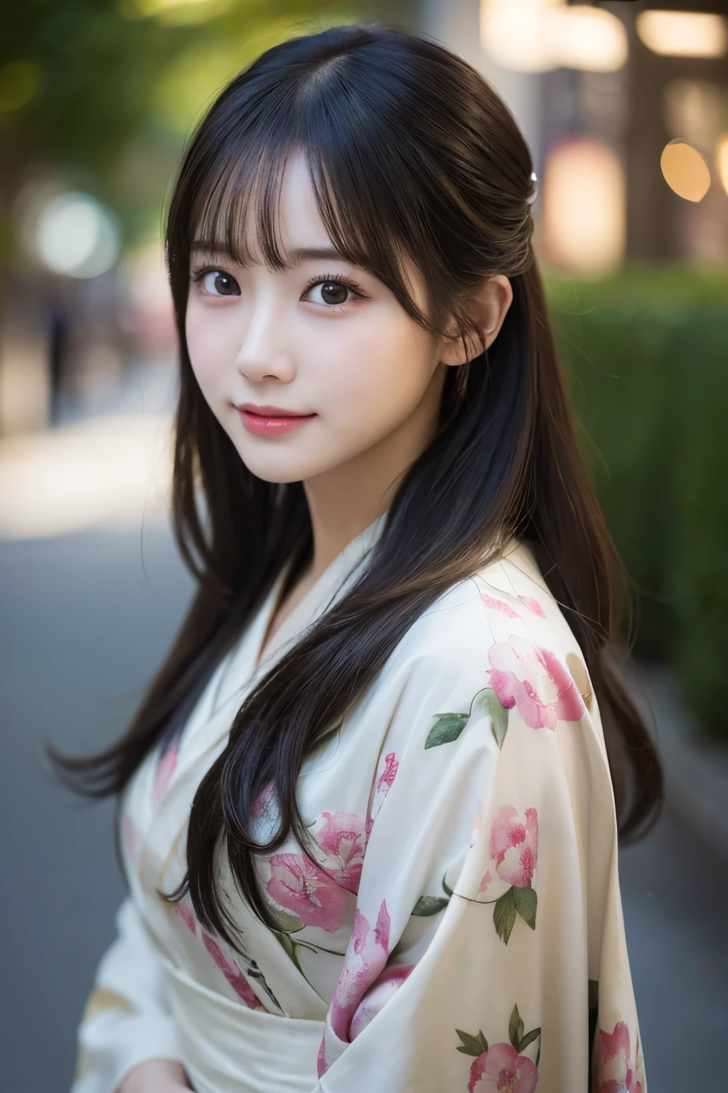 （kimono）、(highest quality、8k、High resolution、masterpiece:1.2)、Very detailed、(Realistic、photoRealistic、photo-Realistic:1.3)、Bokeh、Portraiture、smile、(Beautiful and detailed eyes、beautiful girl、Young face、Detailed face、No makeup)、A little backlight、Depth of written boundary、chromatic aberration、Use natural light and color、Wide range of lighting、Natural Shading、Caustics