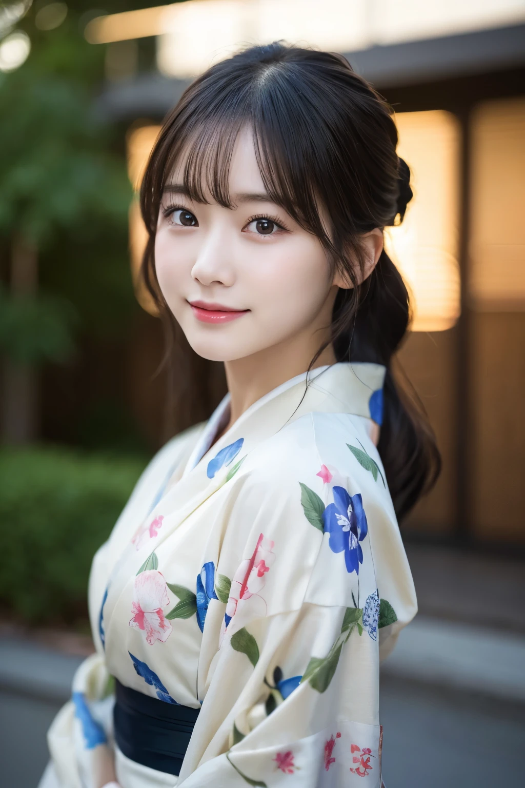 （kimono）、(highest quality、8k、High resolution、masterpiece:1.2)、Very detailed、(Realistic、photoRealistic、photo-Realistic:1.3)、Bokeh、Portraiture、smile、(Beautiful and detailed eyes、beautiful girl、Young face、Detailed face、No makeup)、A little backlight、Depth of written boundary、chromatic aberration、Use natural light and color、Wide range of lighting、Natural Shading、Caustics