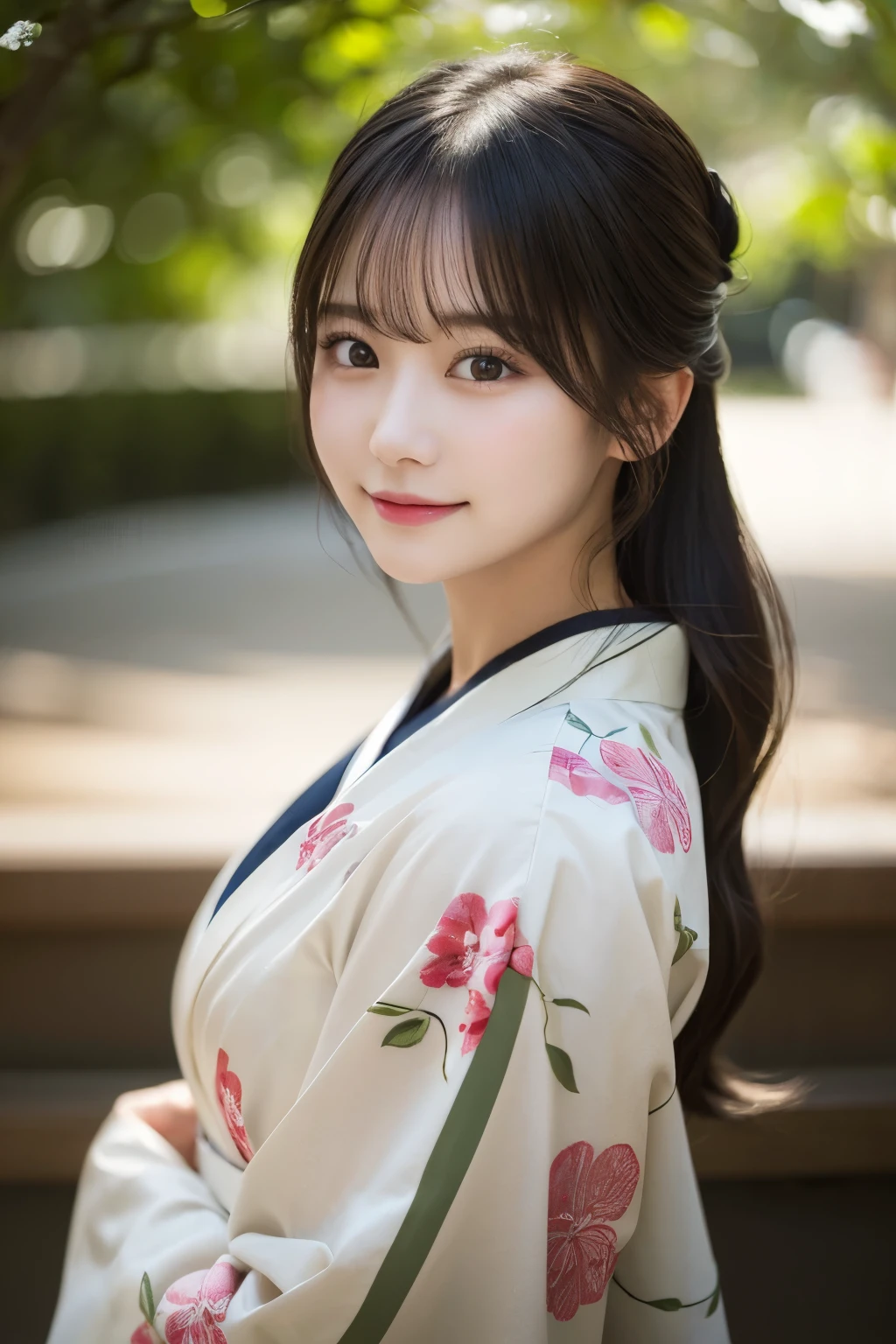 (kimono)、(highest quality、8k、High resolution、masterpiece:1.2)、Very detailed、(Realistic、photoRealistic、photo-Realistic:1.3)、Bokeh、Portraiture、smile、(Beautiful and detailed eyes、beautiful girl、Young face、Detailed face、No makeup)、A little backlight、Depth of written boundary、chromatic aberration、Use natural light and color、Wide range of lighting、Natural Shading、Caustics