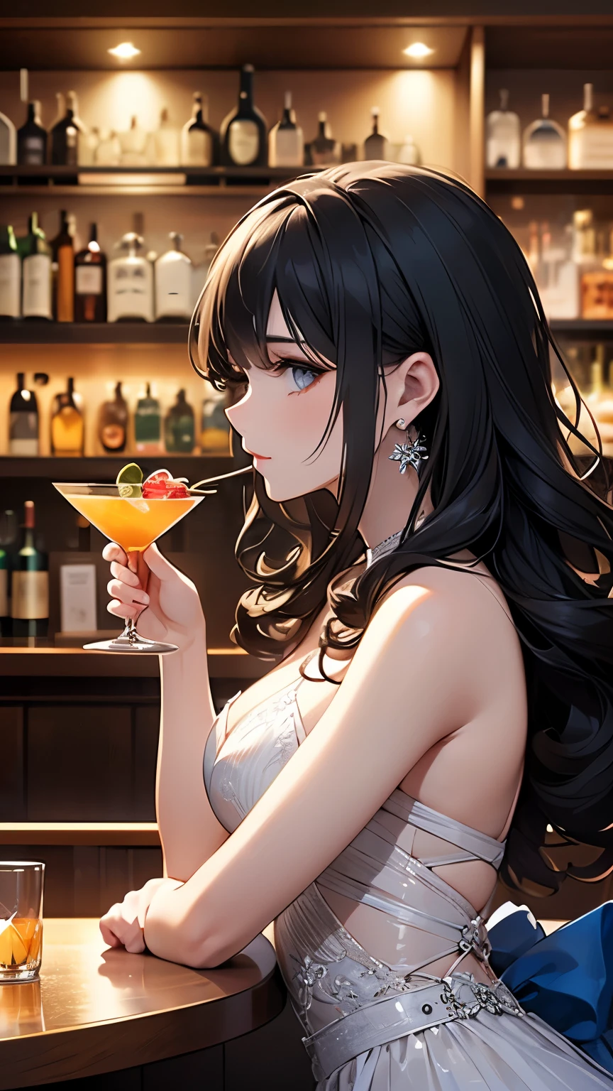 black hair, curly hair, sidelocks, big hair, modern, motion lines, viewfinder, from side, UHD, (masterpiece, textured skin), ((super detail)), best quality, Have a cocktail glass handy at an authentic bar with a calm atmosphere. Woman drinking martini, luxurious ball gown, ((1 cocktail glass)), at bar counter