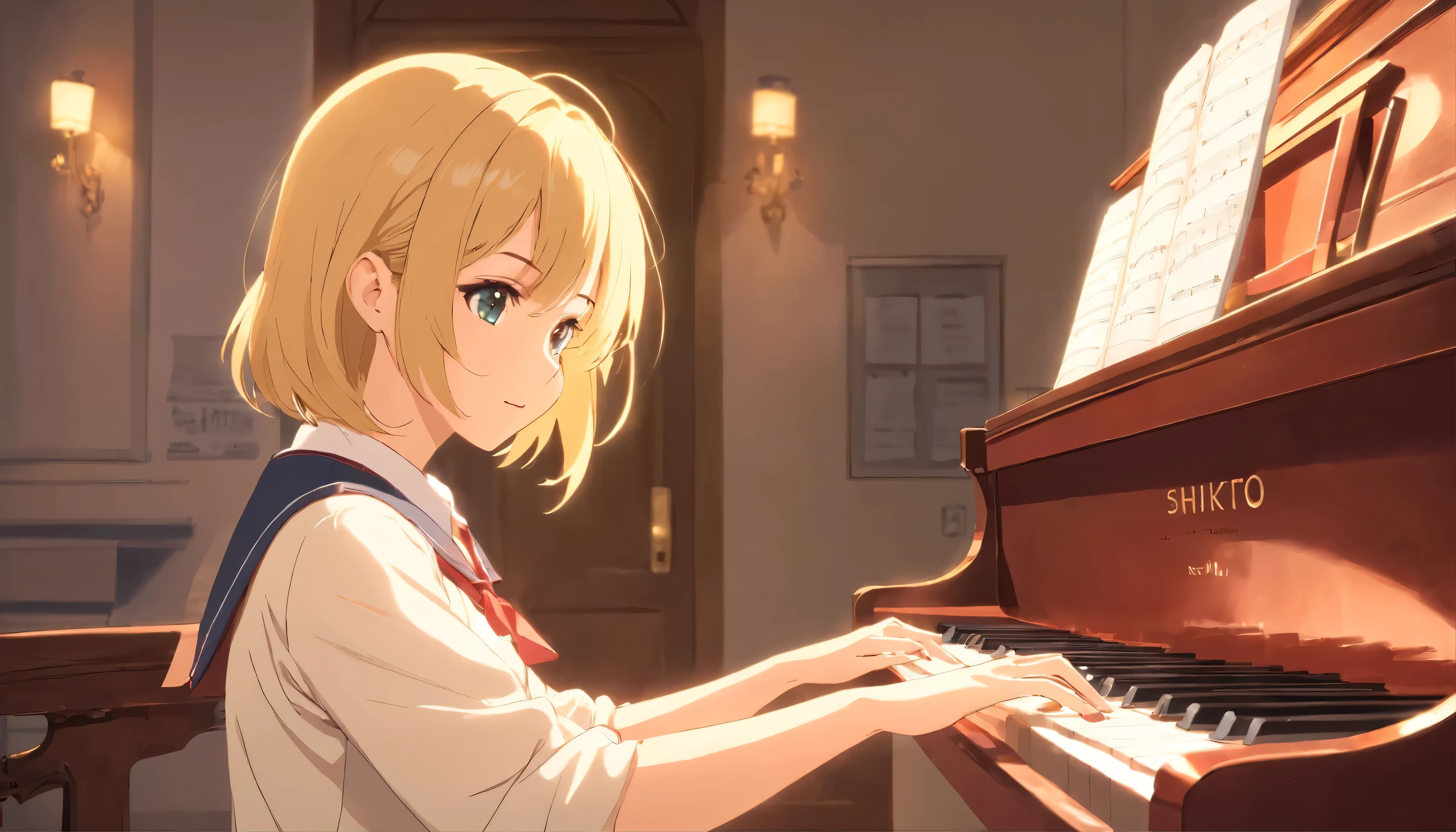 Masterpiece、highest quality、A girl in a is playing the piano、beautiful girl、High school girls、Natural fingers、Wearing a uniform、Blonde、Short skirt
