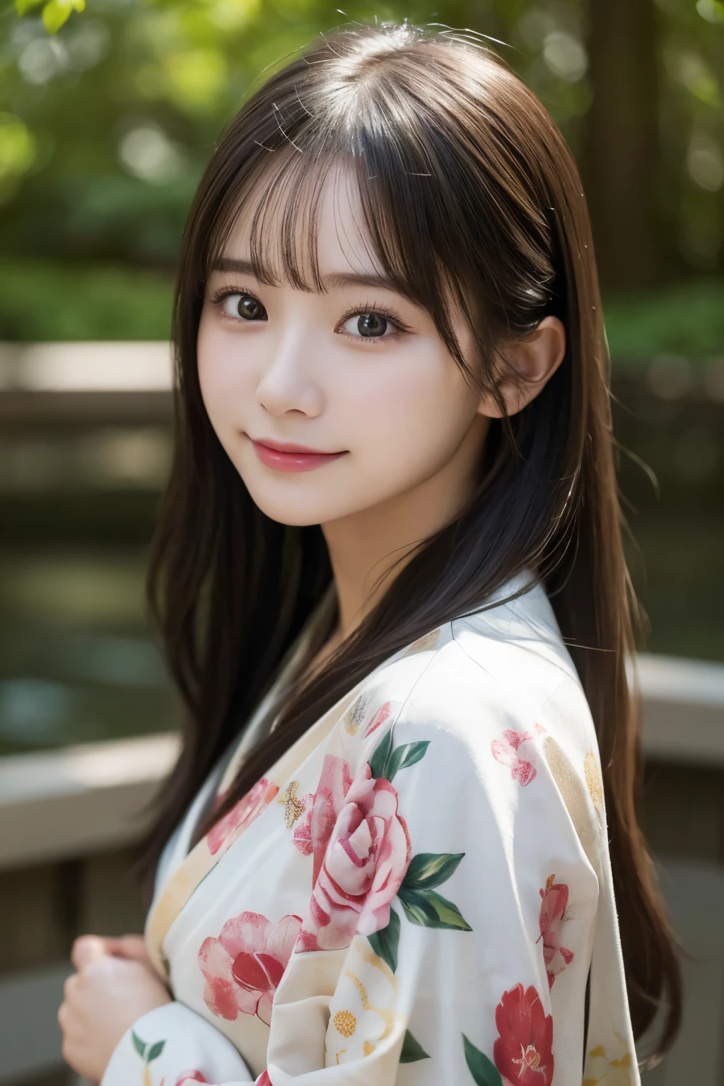 （kimono）、(highest quality、8k、High resolution、masterpiece:1.2)、Very detailed、(Realistic、photoRealistic、photo-Realistic:1.3)、Bokeh、Portraiture、smile、(Beautiful and detailed eyes、beautiful girl、Young face、Detailed face、No makeup)、A little backlight、Depth of written boundary、chromatic aberration、Use natural light and color、Wide range of lighting、Natural Shading、Caustics