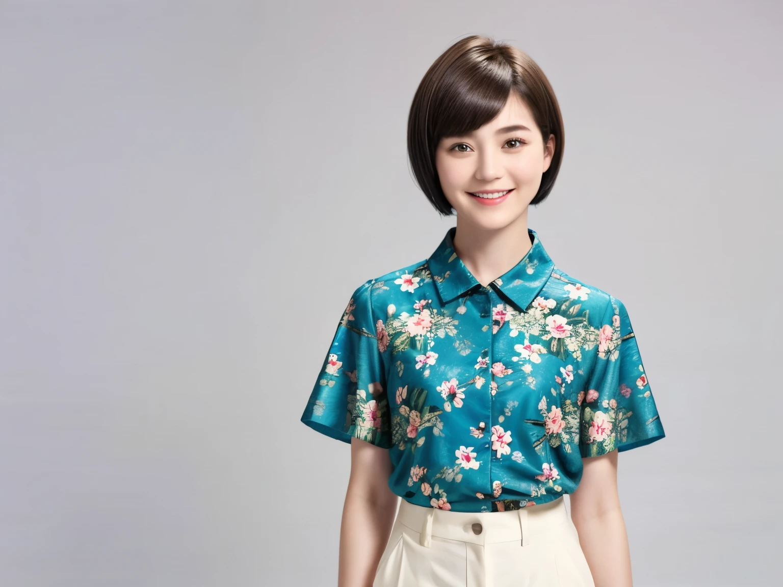 230 (18-year-old female,Floral clothes), ((short hair:1.46)), (Pants Style), (A kind smile)