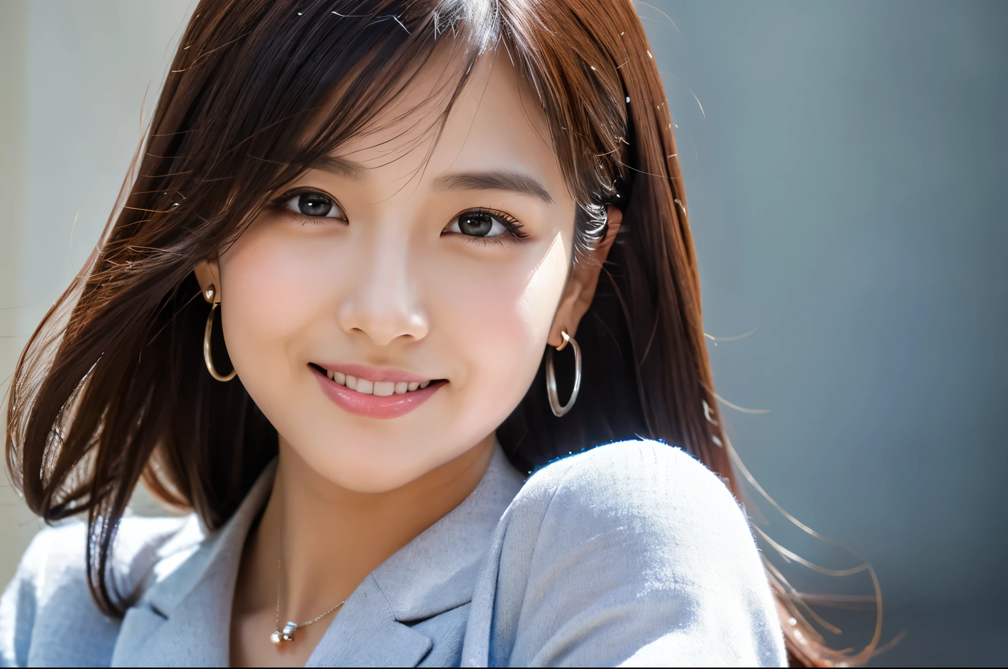 one person、female newscaster、young、beautiful、Female announcer、Shaped face contour、Long Hair、Brown Hair、Fine iris、Elegant、Sexy face、Glowing Skin、Juicy lips、An open, seductive smile、Thick eyelasheodel Body Type、Earrings、blush、suit、Tight mini skirt、Perfect lighting、Perfect Shadow、Perfect Anatomy(((masterpiece))), ((highest quality)), ((Super detailed)), (CG illustration), (Very wicked and beautiful)), (Cute Desktop Face)