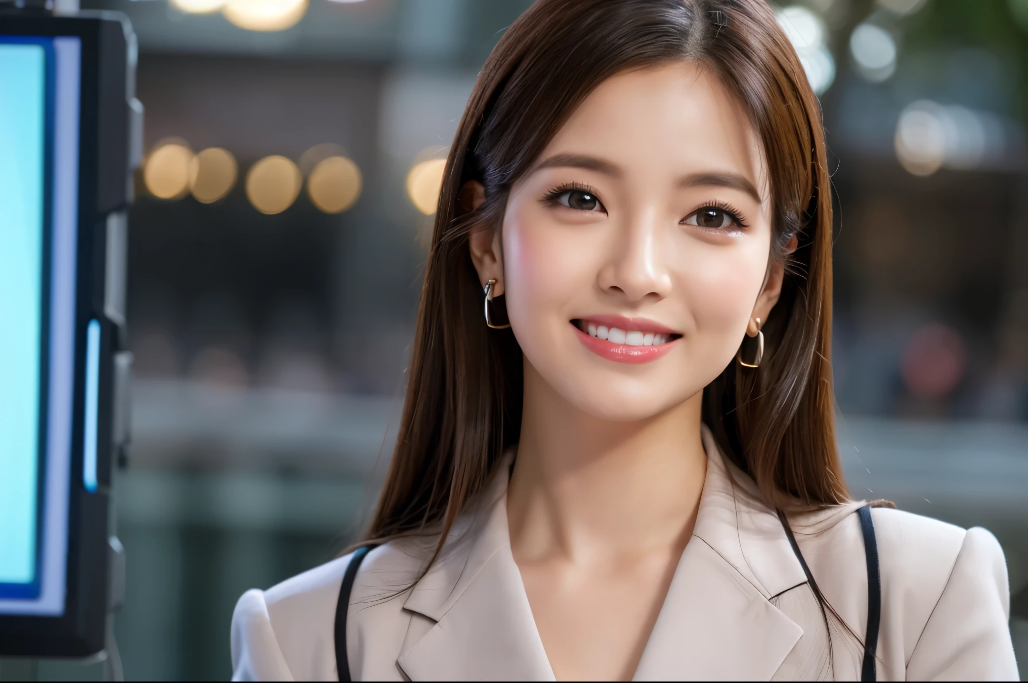 one person、female newscaster、young、beautiful、Female announcer、Shaped face contour、Long Hair、Brown Hair、Fine iris、Elegant、Sexy face、Glowing Skin、Juicy lips、An open, seductive smile、Thick eyelasheodel Body Type、Earrings、blush、suit、Tight mini skirt、Perfect lighting、Perfect Shadow、Perfect Anatomy(((masterpiece))), ((highest quality)), ((Super detailed)), (CG illustration), (Very wicked and beautiful)), (Cute Desktop Face)