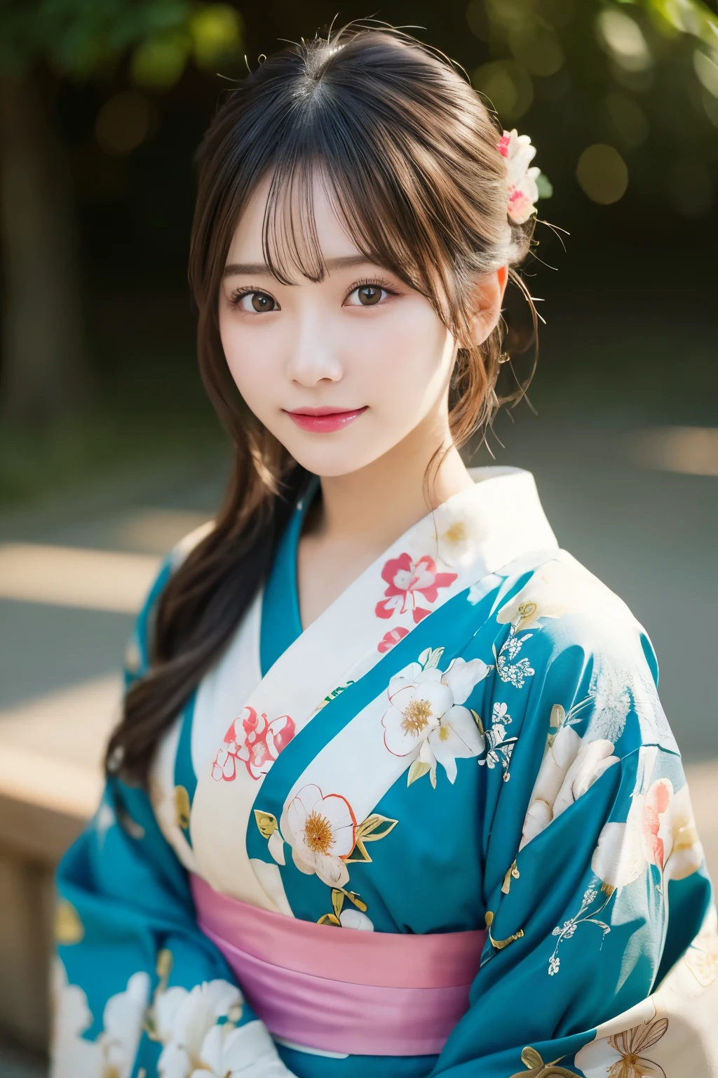 (kimono)、(highest quality、8k、High resolution、masterpiece:1.2)、Very detailed、(Realistic、photoRealistic、photo-Realistic:1.3)、Bokeh、Portraiture、smile、(Beautiful and detailed eyes、beautiful girl、Young face、Detailed face、No makeup)、A little backlight、Depth of written boundary、chromatic aberration、Use natural light and color、Wide range of lighting、Natural Shading、Caustics