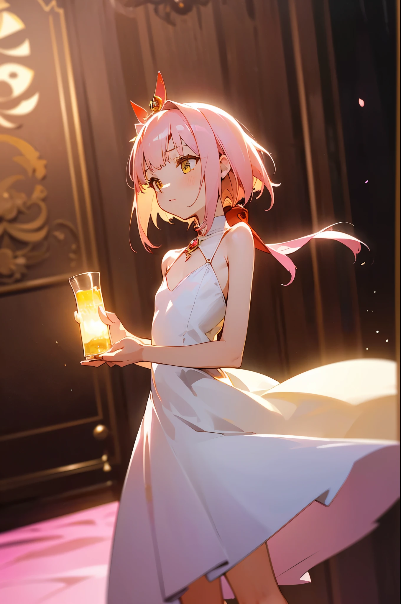 Girl, dress, elegant, little dress, white dress, milim nava, indoors party, nobility, ((yellow lighting)), Realistic lighting, focus on girl, beautiful, milim nava, pink hair, 4k, i don't want you trend, ((very detailed, flat chest, tersenyum lebar, mata tertutup,
