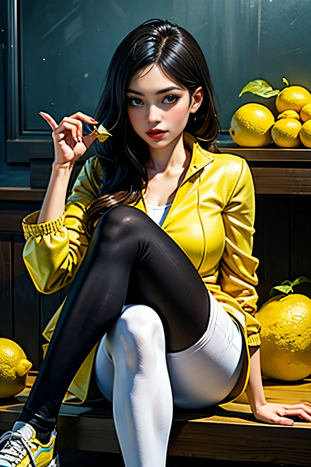 A woman wearing a lemon costume、White tights on hands and feet、Eating lemon、make a sour face、