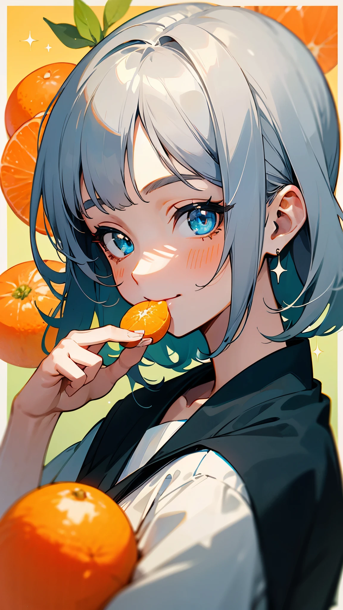 16-year-old girl、Anime style painting、Upper body close-up、smile、From the side, impression, (Oil), Green and orange tones、Silver Hair, (Sparkling blue eyes)、Eating oranges、Delicate contours、Background Blur, The depth of the drawn border