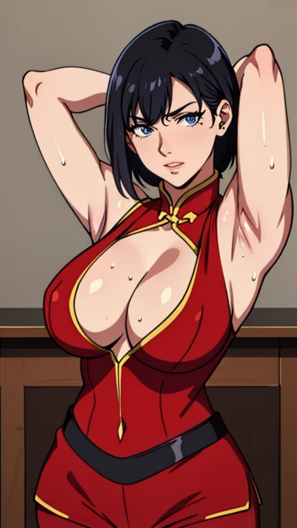 Super detailed illustrations、seductive smile、masterpiece、highest quality、ultra high resolution、high resolution、(Sweat、body fluid)、shiny skin、black hair、very short hair、color red eyes、red chinese dress、sleeveless、Standing picture、hot pants、put hands behind head, armpits, armpits visible, very large breasts, looking at viewer, cleavage