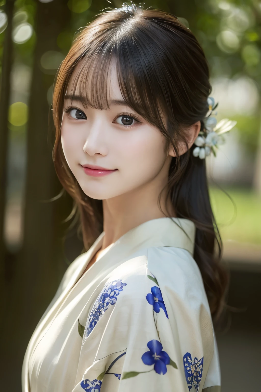 (kimono)、(highest quality、8k、High resolution、masterpiece:1.2)、Very detailed、(Realistic、photoRealistic、photo-Realistic:1.3)、Bokeh、Portraiture、smile、(Beautiful and detailed eyes、beautiful girl、Young face、Detailed face、No makeup)、A little backlight、Depth of written boundary、chromatic aberration、Use natural light and color、Wide range of lighting、Natural Shading、Caustics