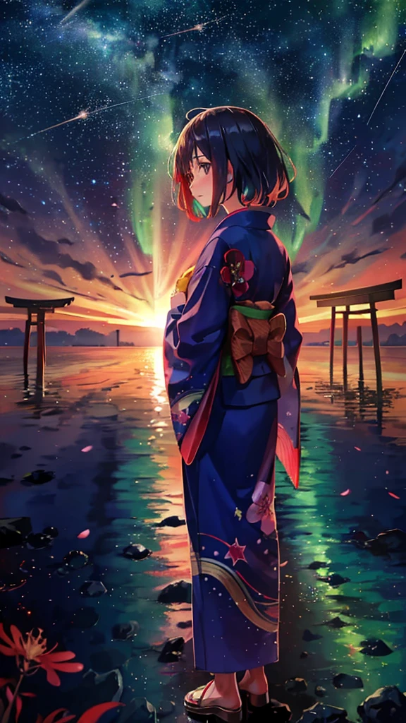 1girl, a distant girl in a kimono staring at the stars, (zoomed out: 1.1), (meteor shower: 1.2), (comet: 1.1), your name, low angle, from behind, northern lights, shooting stars, yukata, red kimono, cherry blossoms, Standing in the field, best quality, masterpiece, cloud, colorful, starry, stars,