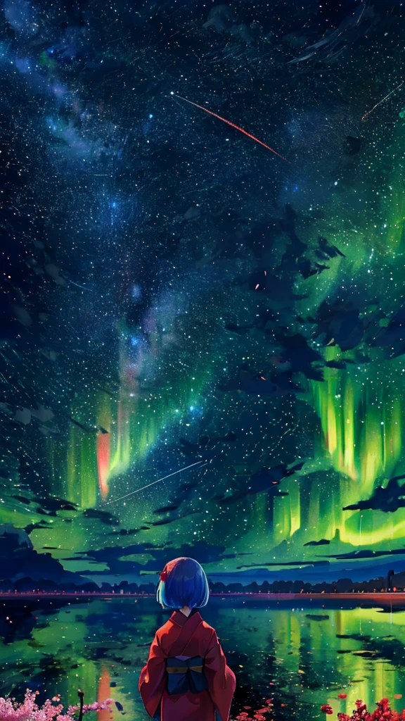 1girl, a distant girl in a kimono staring at the stars, (zoomed out: 1.1), (meteor shower: 1.2), (comet: 1.1), your name, low angle, from behind, northern lights, shooting stars, yukata, red kimono, cherry blossoms, Standing in the field, best quality, masterpiece, cloud, colorful, starry, stars,