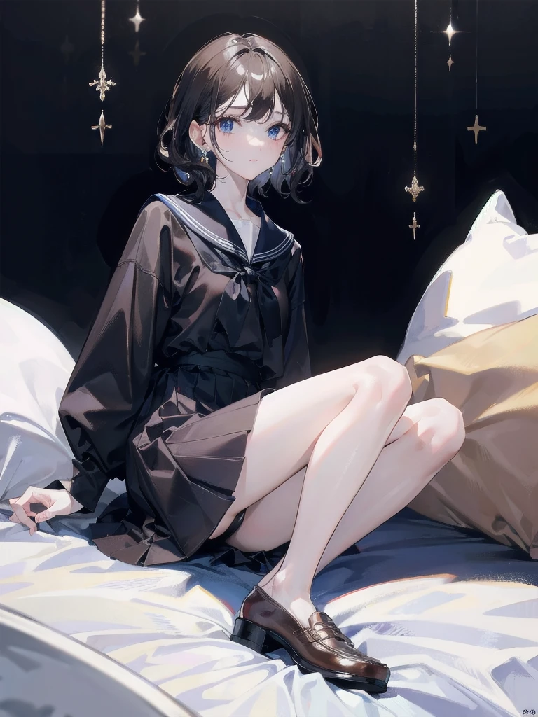 absurdres, RAW photo, extremely delicate and beautiful, masterpiece, Best Quality, ultra high resolution, 32k, hyperrealistic, ultra-detailed, perfect figure, detailed description, pale skin, 20 years old, detailed beautiful face and eyes, tearful mole, earring, short medium hair, wavy hair, full body, navy blue school_uniform, long black socks, brown dress shoes,