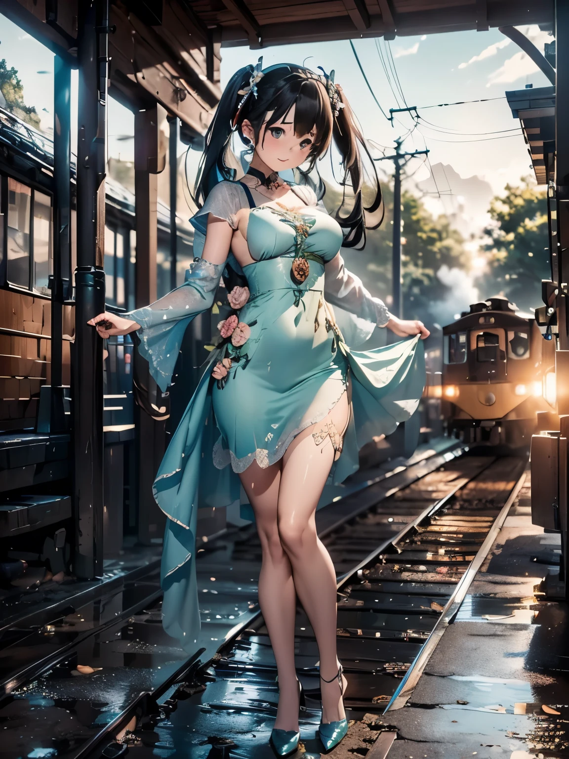 (masterpiece、最high quality、最high quality、Official Art、Beautiful and beautiful:1.2)、(One girl:1.3)Hatsune Miku、Twin tails,Big Breasts,Full body portrait, Beautiful 23 year old woman, Are standing (((Outdoor))) On a 19th century station platform, huge black steam locomotive, locomotive blowing out steam, Behind her is a 1910 railroad building., She has long brunette hair, Green Eyes, Innocent, Carp formula, ((Open your eyes)), (((wearing an art deco dress))), ((trap pump shoes)), Silk stockings, Award-winning, stunning photography,((最high quality)), (((masterpiece)), ((Realistic lighting, Ultra-high resolution.Realistic:.1.4, (high detailed skin:1.2), 8K Ultra HD, Digital SLR, high quality, Film Grain, Fujifilm XT3,(masterpiece) (最high quality) (detailed) (Cinema Lighting) (Sharp focus) (complicated)