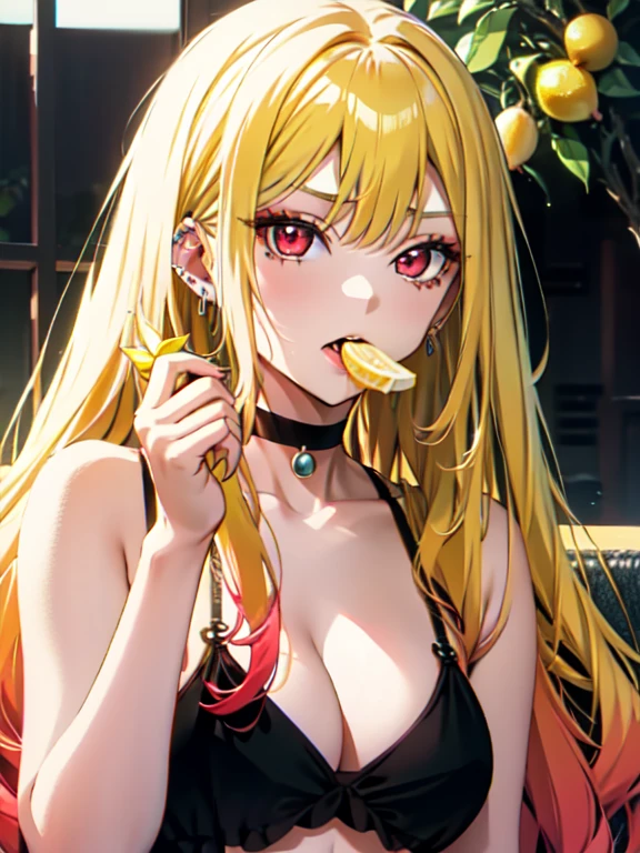 lemon、Biting into a lemon、sour face、kitagawa marin, 1girl, blonde hair, long hair, multicolored hair, red eyes, jewelry, earrings, piercing, black choker