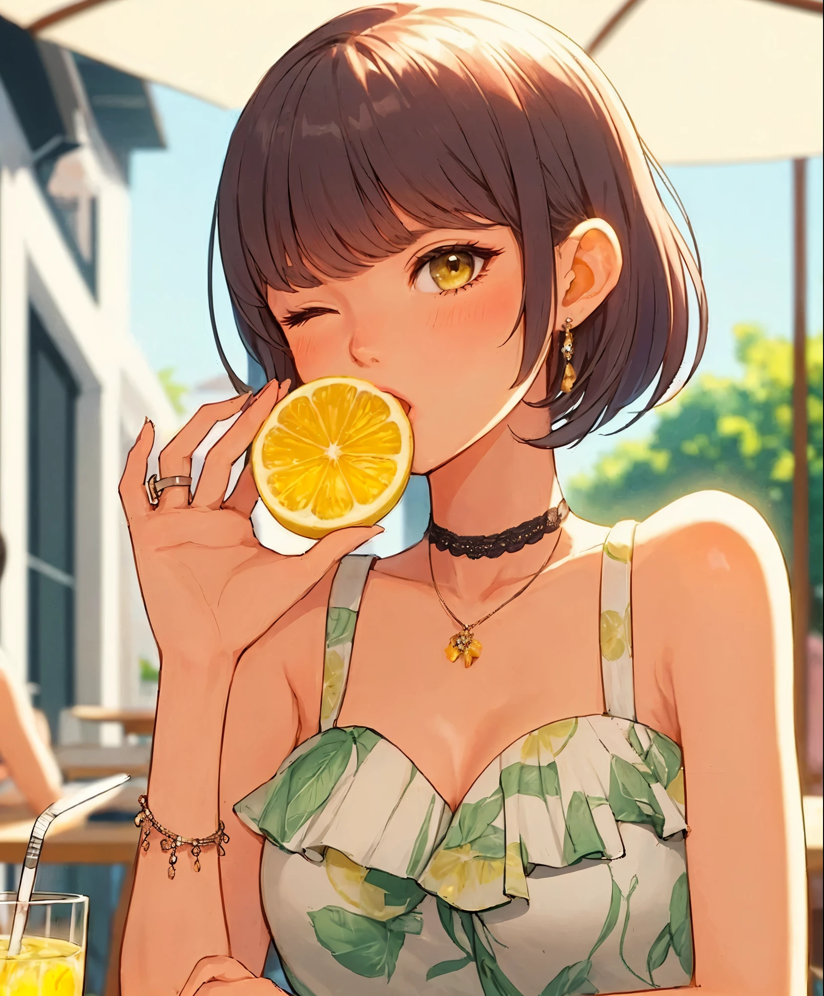 1lady solo, sitting at terrace seat, (holding lemon in one hand), (taking a bite), stylish outfit (refreshing attire), mature female, /(brown short hair/) bangs, blush, (light smile:0.6), (one eye closed), (moist eyes), (open mouth), (masterpiece best quality:1.2) delicate illustration ultra-detailed, large breasts BREAK (fresh lemon:1.1), (half-cut lemon) BREAK (fashionable cafe terrace) outdoors, parasol, sunlight, noon, detailed background