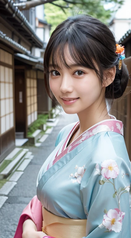 Professional Lighting,(Photorealistic:1.4), (Top image quality:1.0), (超A high resolution:1.0), 8k, Raw photography、(最高quality Detail:1.2)、Realistic、8K Ultra HD、High resolution、(1 girl:1.2)、超Familiarな、High quality textures、Intricate details、Familiar、Very Familiar CG、High quality shadows、Familiar 美しく繊細な顔、Beautiful details and a delicate eye、(Symmetrical eyes:1.2),Written boundary depth、Ray Tracing,1 girl, Japanese Girls, (Natural smile:1.4),cute, thin, Portrait of a beautiful Japanese woman in a kimono, Standing elegantly on a street corner in Kyoto. Kimono with vibrant traditional patterns, Hair decorated with elegant and delicate hairpins, Gentle expression. (With the old streets of Kyoto in the background:1.4)、The soft light of a spring afternoon、Adding tranquility to the scene. Rendered in a Realistic style with great attention to detail, High resolutionの画像.Sky Porn, Magic Hour, (Realistic:1.3), finely, quality, (Tabletop:1.2), (Realistic:1.2), (最高quality), (複雑なFamiliar), dramatic, Ray Tracing, photograph, +roller,