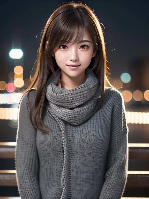 1 Japanese girl,(Dark Gray Sweater:1.4),(He has a big scarf around his neck:1.2), (RAW Photos, highest quality), (Realistic, Photorealistic:1.4), Tabletop, Very delicate and beautiful, Very detailed, 8k wallpaper, wonderful, In detail, Very detailedなCG Unity, High resolution, Soft Light, Beautiful and detailed 22 year old girl, Very detailedな目と顔, Beautifully detailed nose, Beautiful fine details,Cinema Lighting,City lights at night,Perfect Anatomy,Slender body,smile (Hair fluttering in the wind, Asymmetrical bangs, Light brown hair,)
