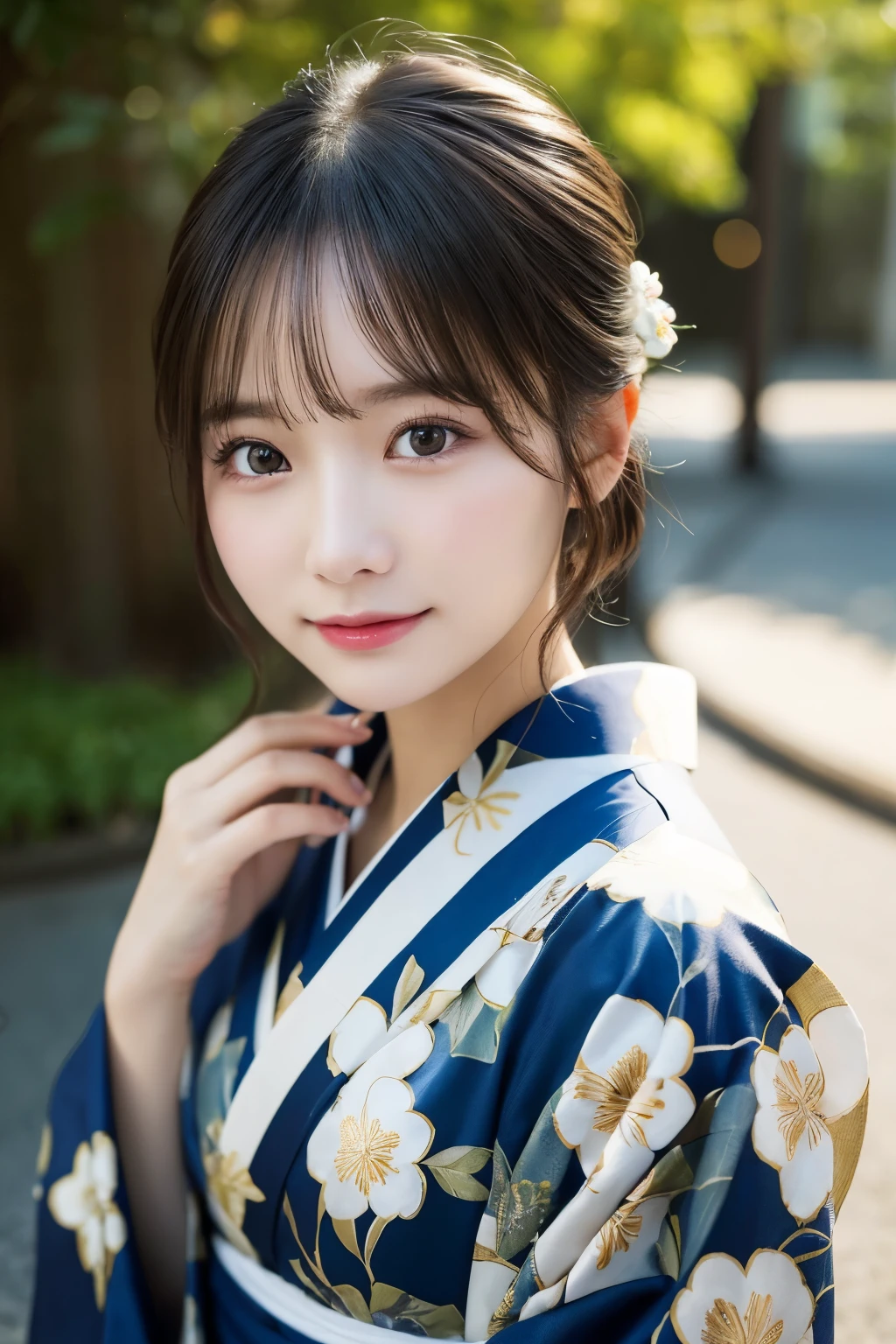 (kimono)、(highest quality、8k、High resolution、masterpiece:1.2)、Very detailed、(Realistic、photoRealistic、photo-Realistic:1.3)、Bokeh、Portraiture、smile、(Beautiful and detailed eyes、beautiful girl、Young face、Detailed face、No makeup)、A little backlight、Depth of written boundary、chromatic aberration、Use natural light and color、Wide range of lighting、Natural Shading、Caustics