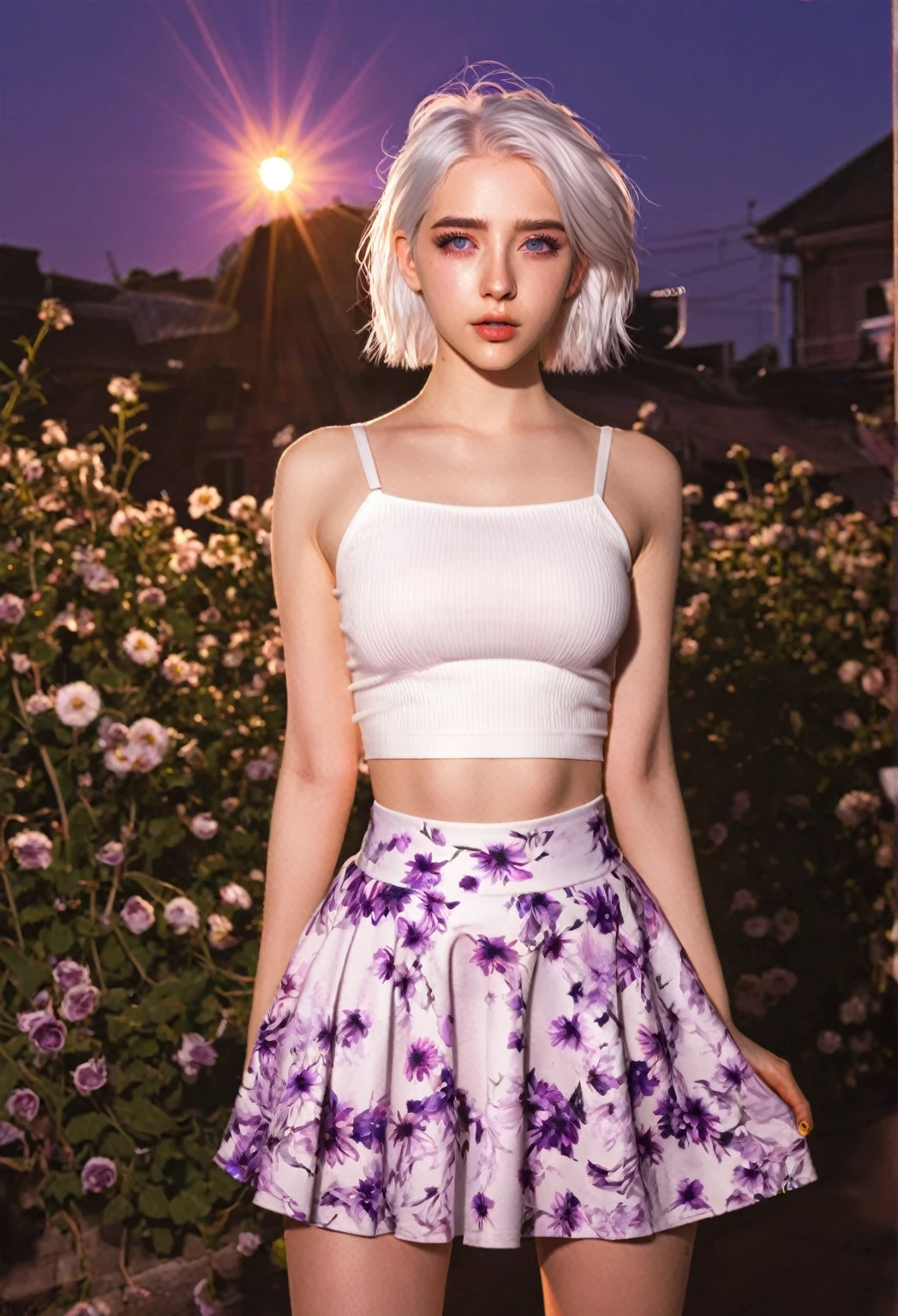 realistic, 1 girl, white hair, purple eyes, glowing eyes, crop top, skirt, Chapped lips, Blush, nighttime, flower, sun, sunlight,