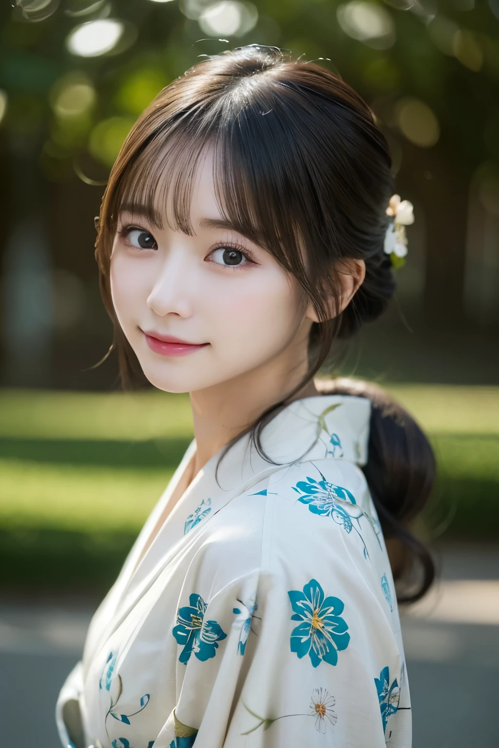(kimono)、(highest quality、8k、High resolution、masterpiece:1.2)、Very detailed、(Realistic、photoRealistic、photo-Realistic:1.3)、Bokeh、Portraiture、smile、(Beautiful and detailed eyes、beautiful girl、Young face、Detailed face、No makeup)、A little backlight、Depth of written boundary、chromatic aberration、Use natural light and color、Wide range of lighting、Natural Shading、Caustics