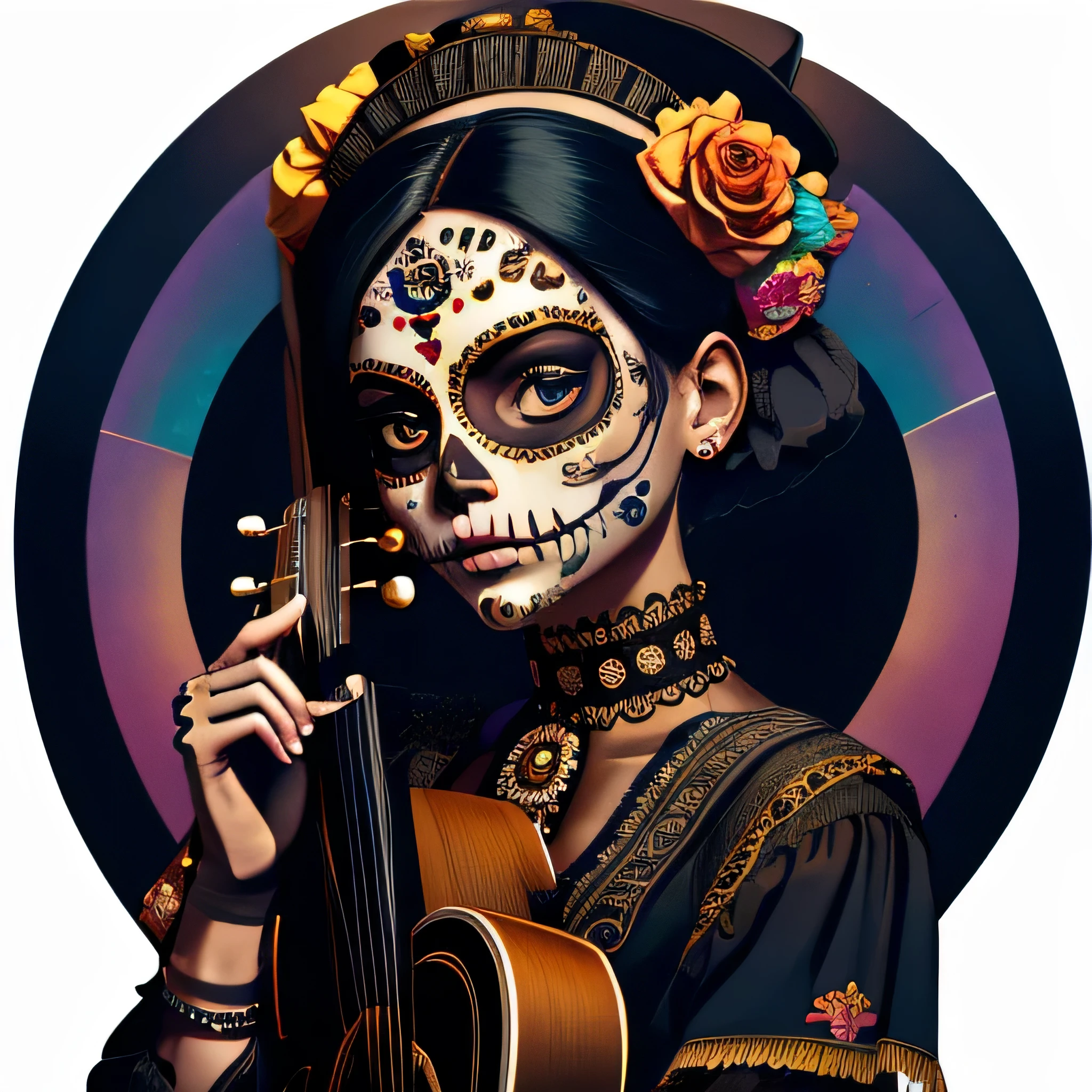 Calavera_skull, 1 chica, solo, mirando al espectador, pelo negro, guantes, tenencia, joyas, parte superior del cuerpo, pendientes, fingerless guantes, borroso, constituir, borroso background, Piel coloreada, instrumento, Music, guitar, pintura facial, piel gris, tocando instrumentoo, tenencia instrumento, zombie, labios negros