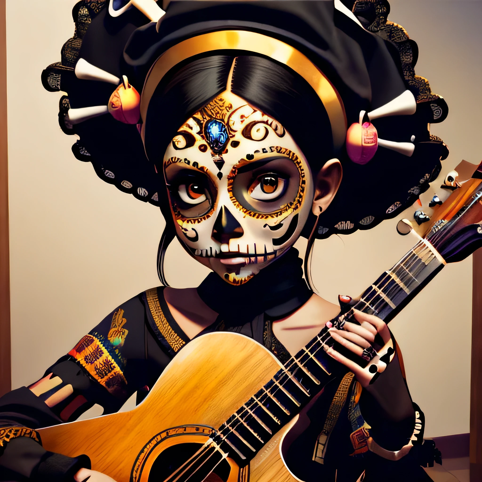 Calavera_skull, 1 chica, solo, mirando al espectador, pelo negro, guantes, tenencia, joyas, parte superior del cuerpo, pendientes, fingerless guantes, borroso, constituir, borroso background, Piel coloreada, instrumento, Music, guitar, pintura facial, piel gris, tocando instrumentoo, tenencia instrumento, zombie, labios negros