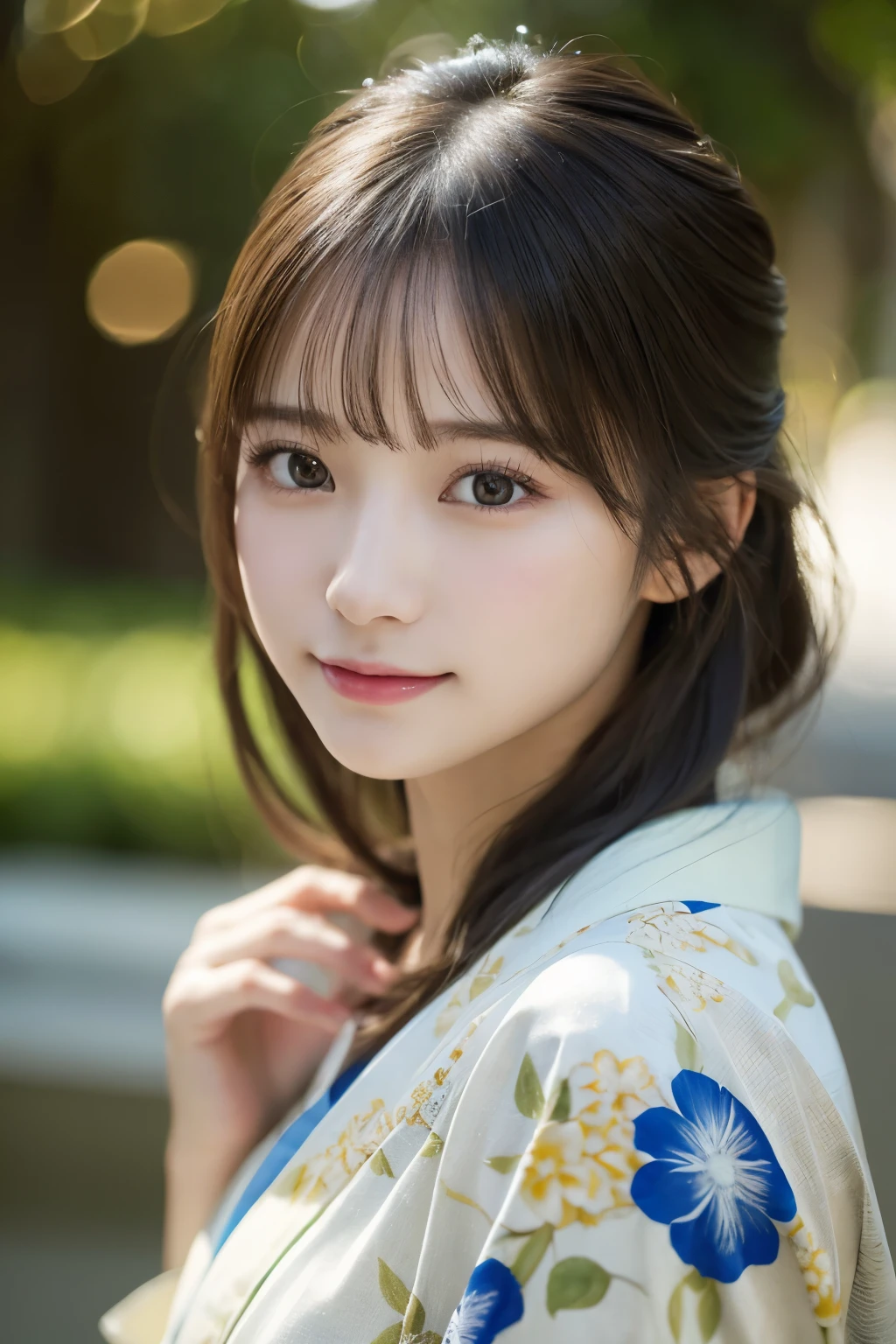 (kimono)、(highest quality、8k、High resolution、masterpiece:1.2)、Very detailed、(Realistic、photoRealistic、photo-Realistic:1.3)、Bokeh、Portraiture、smile、(Beautiful and detailed eyes、beautiful girl、Young face、Detailed face、No makeup)、A little backlight、Depth of written boundary、chromatic aberration、Use natural light and color、Wide range of lighting、Natural Shading、Caustics