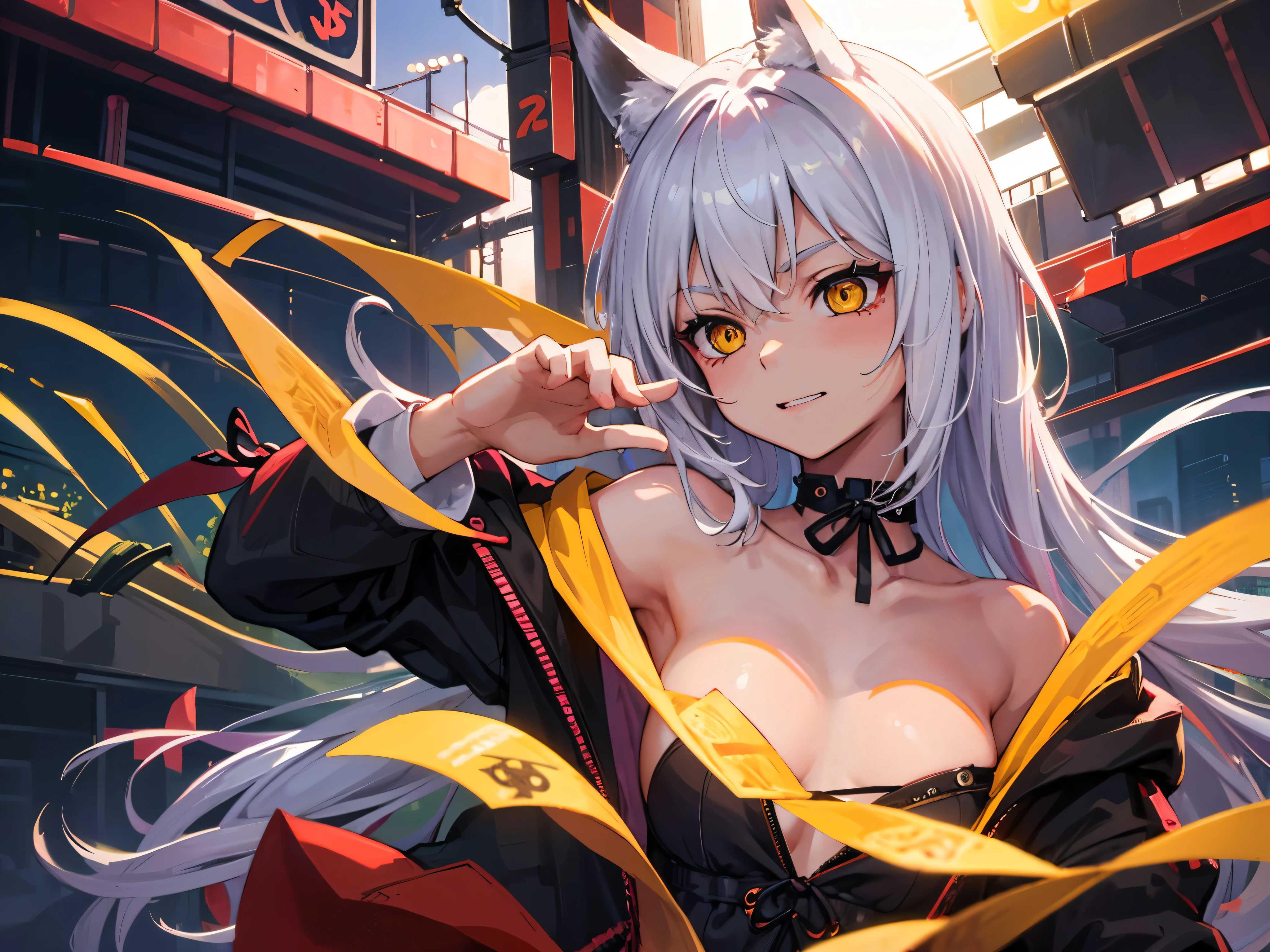 masterpiece, highest quality, Perfect Face, Highest Resolution, Highest quality,Detailed depiction of the eyes, foxy, 1 girl, young, 20-year-old, slender body, small breasts, White Hair, Long Hair,one side braid grated, Big cat eyes, Yellow Eyes, cyber punk, Perfect Anatomy, Black ribbon choker,Future City, Eat sushi, fun face, happily, Perfect nigiri sushi, Sushi Shop, night, Expose your shoulders, The correct number of fingers, Correct hand shape, bust shot art