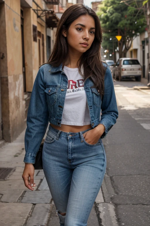 to a 23-year-old Bolivian girl with disheveled brown hair, piel clara, ojos claros, mostrando el trasero, vistiendo jeans azules ajustados, caminando de espaldas