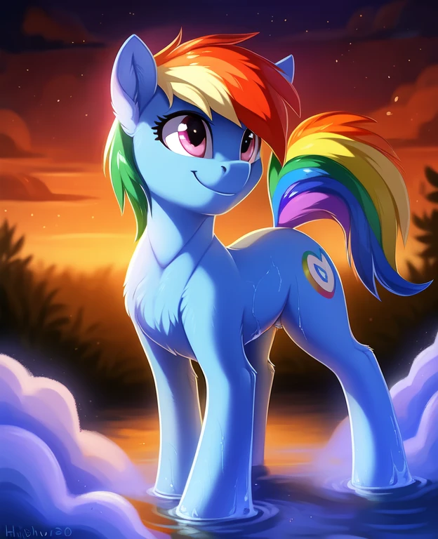 ((masterpiece)), ((best quality)), (8k), (high detailed), (beautiful), 1girl, feral, rainbow dash, smile, one character, mlp, pony, my little pony, horse,  wet, all fours, (full body shoot:1.2), detailed hair, detailed fur, by hioshiru, pussy, tentacles, tentacles spreading legs, pussy, tentacle entering pussy, tentacle penetrating pussy, vaginal penetration, tentacle rape