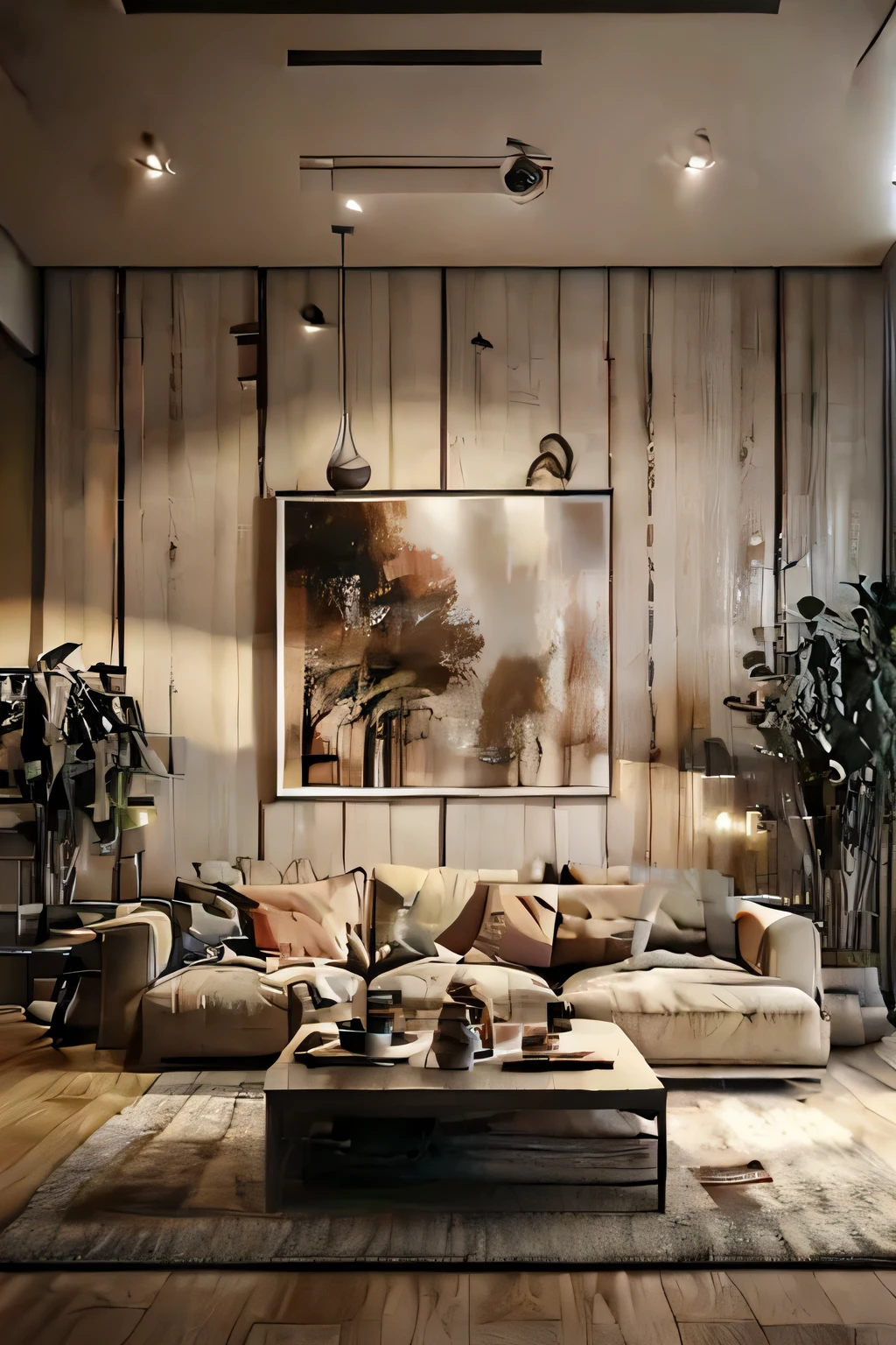 Livingroom design, Super sharp like photos taken with a professional camera, (Masterpiece,best quality,8k uhd,dslr,soft lighting,high quality,hyper detail,film grain,Fujifilm XT3, UE 5 render 8k, super high resolution, supper detail:1.2), color block wall decor, abtract poster decor, glossy floor, (((volumetric light)))