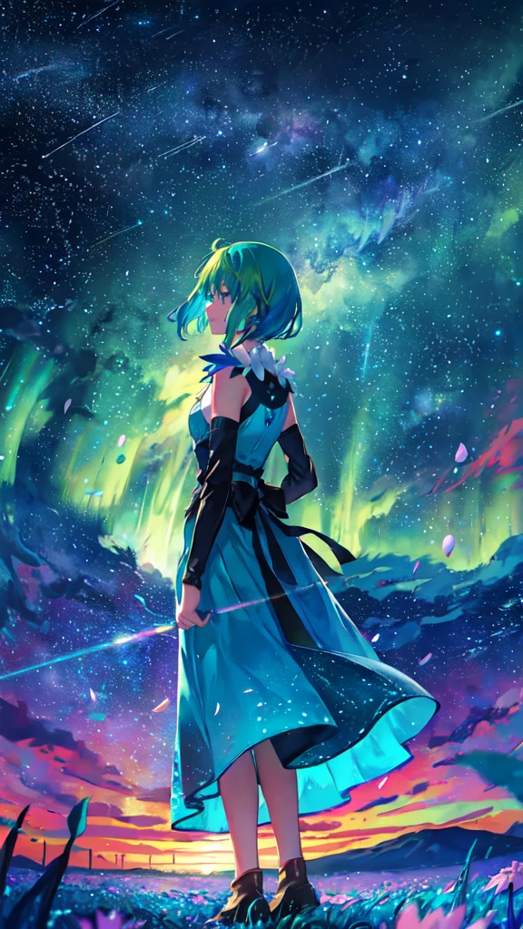 1girl, distant girl, rainbow colored hair, wearing a teal dress armor, staring at the stars, (zoomed out:1.1), (meteor shower:1.2), (comet:1.1), low angle, from behind, aurora borealis, shooting star, surrounded by flowers petals, standing in a field, best quality, masterpiece, cloud, colorful, starry, stars