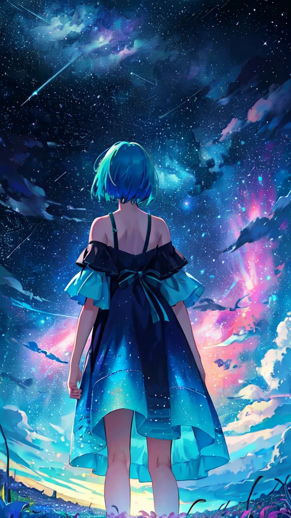 1girl, distant girl, rainbow colored hair, wearing a teal dress armor, staring at the stars, (zoomed out:1.1), (meteor shower:1.2), (comet:1.1), low angle, ???????????, aurora borealis, shooting star, surrounded by flowers petals, standing in a field, best quality, masterpiece, cloud, colorful, starry, stars