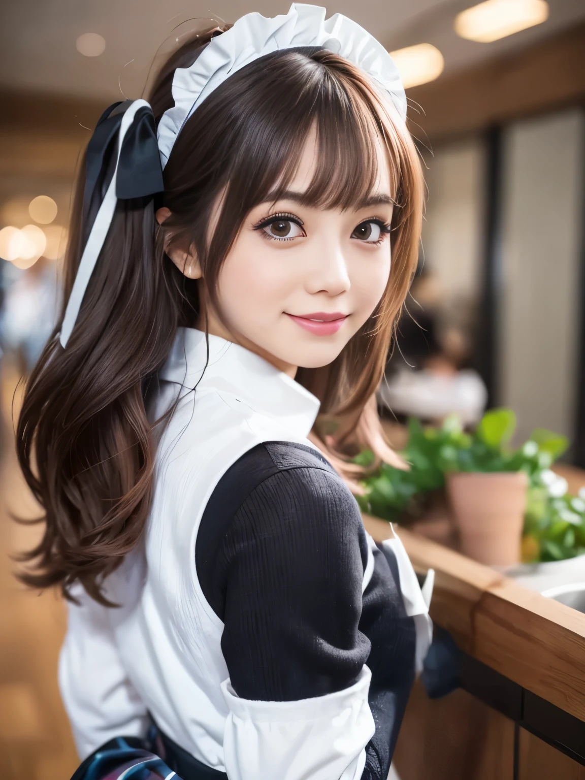 In 8K,highest quality:1.4, 超A high resolution:1.5, (Realistic:1.4),masterpiece:1.2,(highest quality:1.4)、 RAW Photos、 (The background is blurred),  1 Japanese girl, cute, (alone:1.4), (はにかんだsmile), Smooth Skin、 (Brown medium hair,bangs), (Touching your hair:1.4),Nogizaka,Flexible fingertips,Beautiful dark eyes、dual、Natural skin texture:1.3, Realistic eye and  details:1.7、Mid-breasted、Daytime、Sculptural installation：1.1、Tight ass:1.5、Put your hands behind your head、Staring at the audience,The photographer is looking back.５Please step back,smile,was happy, Hilarious,(Maid:1.2),bow,Long sleeve, Black sleeves,(Black checked long tights:1.2),Maidの頭飾り,Maid apronl,cafeteria,Upper Body,(Fine hair:1.1), (Fine grain:1.1)