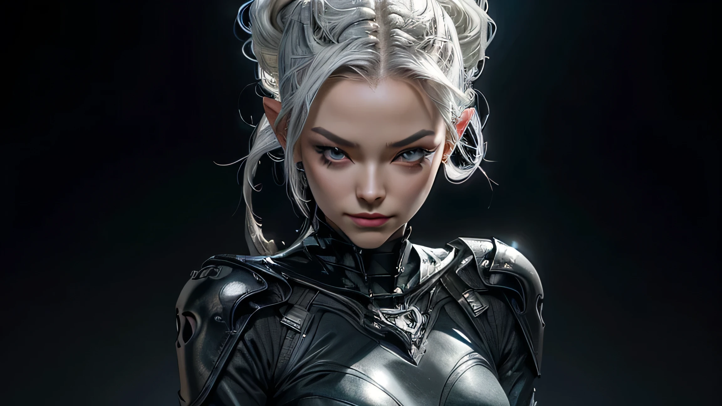 full body, 1girl, slender, lean with defined muscles, 21years, wearing fancy latex clothes, pale white skin, silver hair, braided ponytail, (perfect ears), hair behind ear, long hair, very long hair, undercut, mismatched sclera, half-closed eyes, glaring, longeyelashes, solid circle eyes, amber eyes, pointy ears, evil smile, seductive smile, Gothic art, Realism, Op art, Cubist Futurism, optical illusion, backlighting, cinematic lighting, depth of field, gray flat solid background, front view, first-person view, Eye-Level Shot, f/1.8, 135mm, Fujifilm, Sony FE GM, masterpiece, anatomically correct, super detail, textured skin, UHD, studio photo.